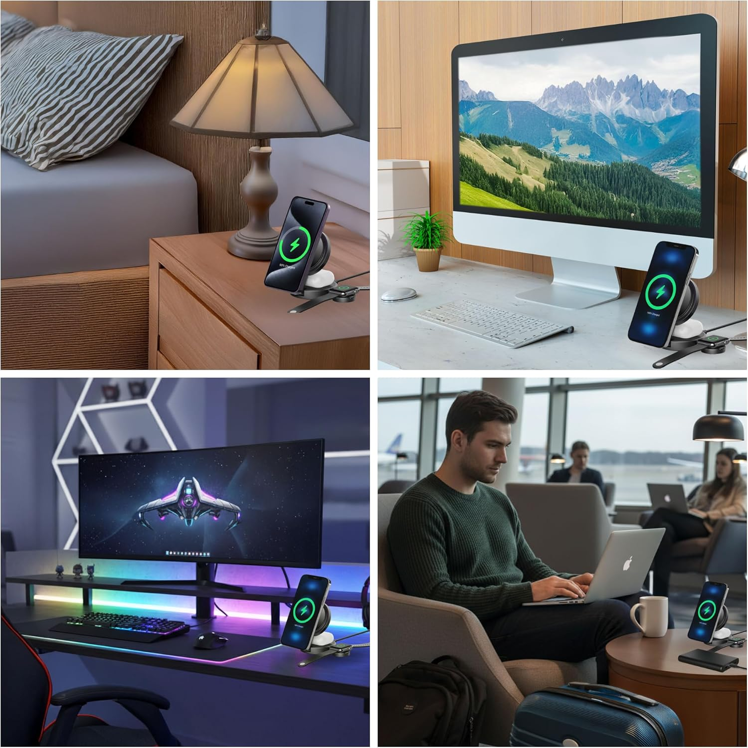 Laser Chargecore 3 in 1 Foldable Wireless Charging Stand, Magsafe Compatible 15W Fast Charge, USB-C Powered, Includes 20W USB-C Wall Charger, for Compatible Phone Watch and Earbuds, Travel Ready image number 5