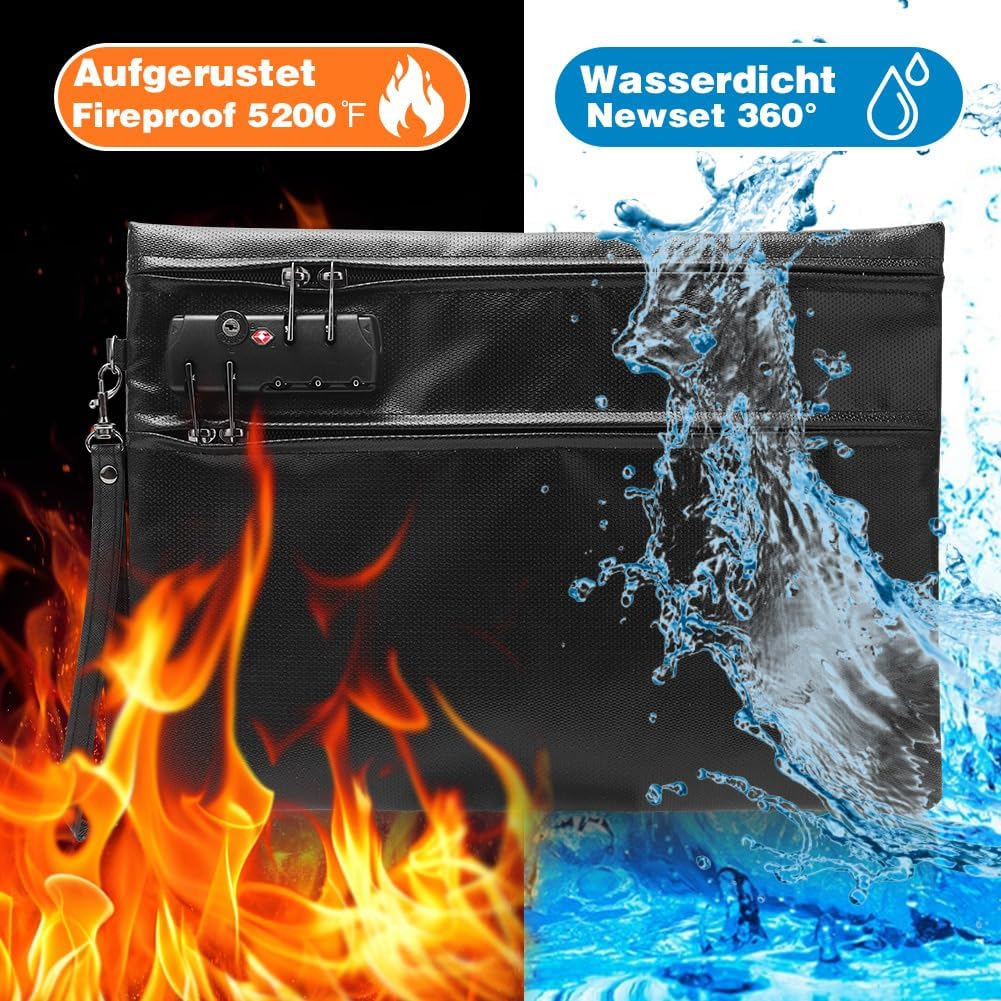 Fireproof Document Bag with Lock, 6400&deg;F 12-Layer Thermal Insulation, Fireproof Money Bag, 36 X 26 Cm, Double Zip Compartment, Fireproof Bag for Cash, Passport, Receipt, Valuables, Black image number 2