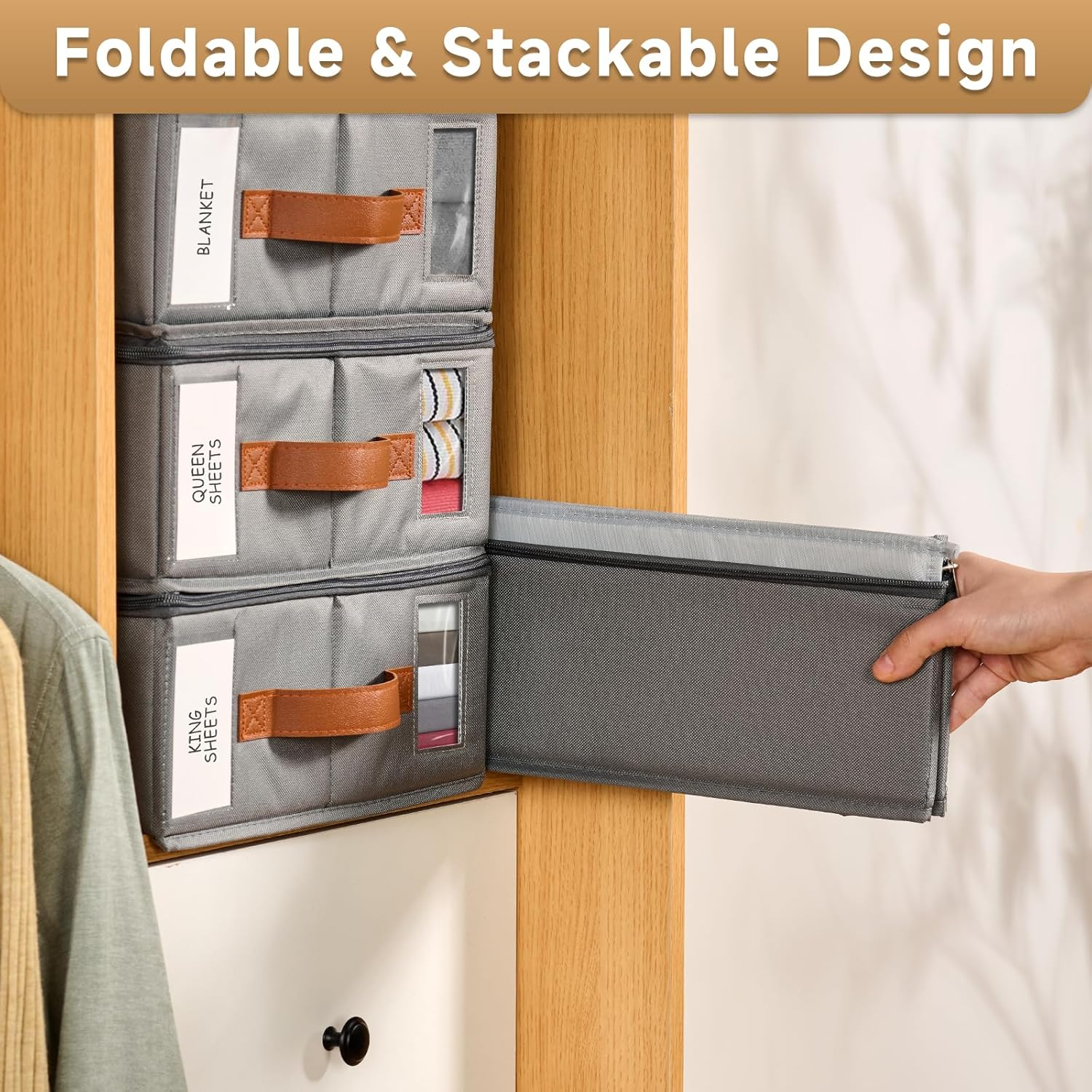 Kithero 4Pack Bed Sheet Organizer, Foldable Linen Closet Organizers and Storage with Sealed Design, Queen & King Size Sheet Storage with Window, Closet Organizer for Bedsheets/Blankets/Clothes, Grey