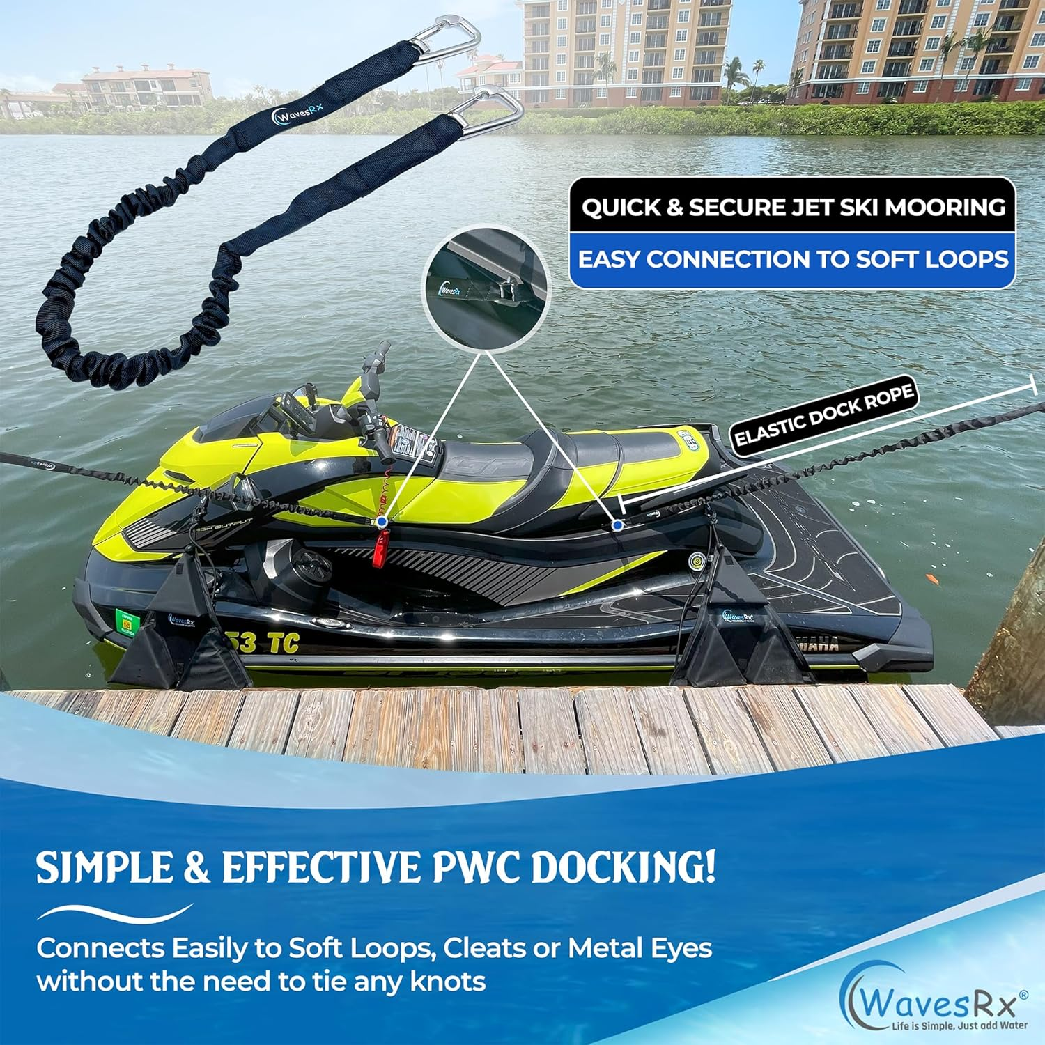Wavesrx Dockingpal - Premium Bungee Dock Line 3 Ft (2PK) | Elastic Docking Rope with Stainless Steel Carabiners Stretches from 3' to 5' | Absorbs Shocks & Tugs Preventing Damage to Your Jet Ski & PWC