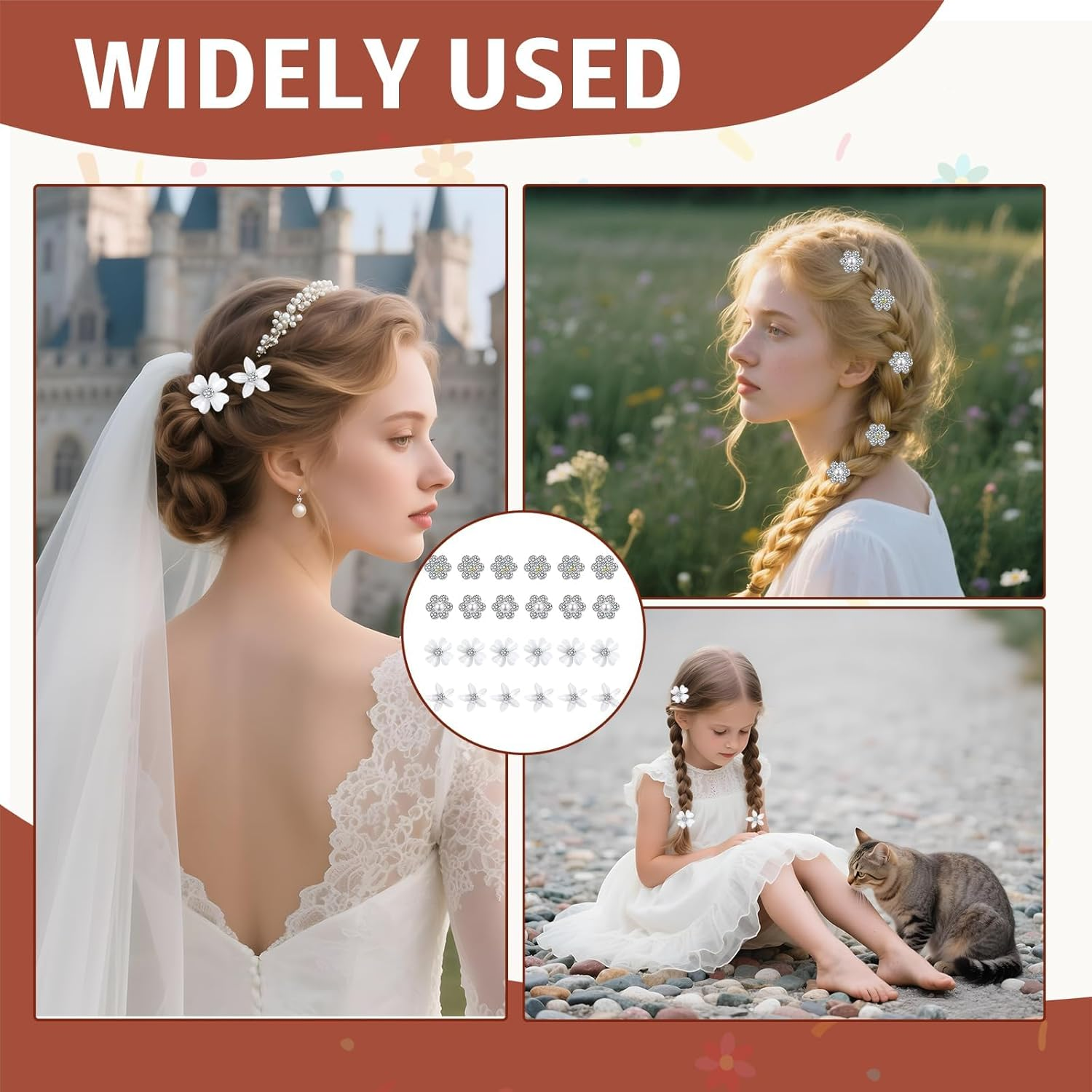 Pack of 24 White Small Flowers Hair Clips, Mini Cute Rhinestone Metal Hair Pins for Women, Decorative Hair Clips Flowers Hair Accessories for Girls Ladies Bridal Hair Clips (4 Floral Patterns) image number 5