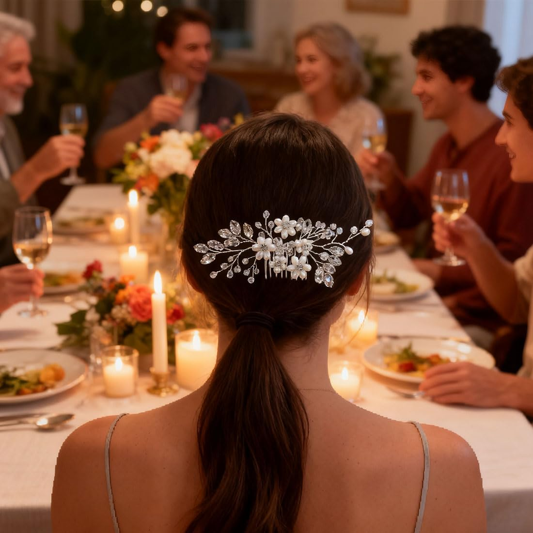 ZWWOGE Bridal Flower Hair Comb, Wedding, Rhinestone, Bridal Headpiece, Leaf Beads, Pearl Hair Clip, Side Combs, Decorative Hair Accessories for Women, Silver Hair Accessories