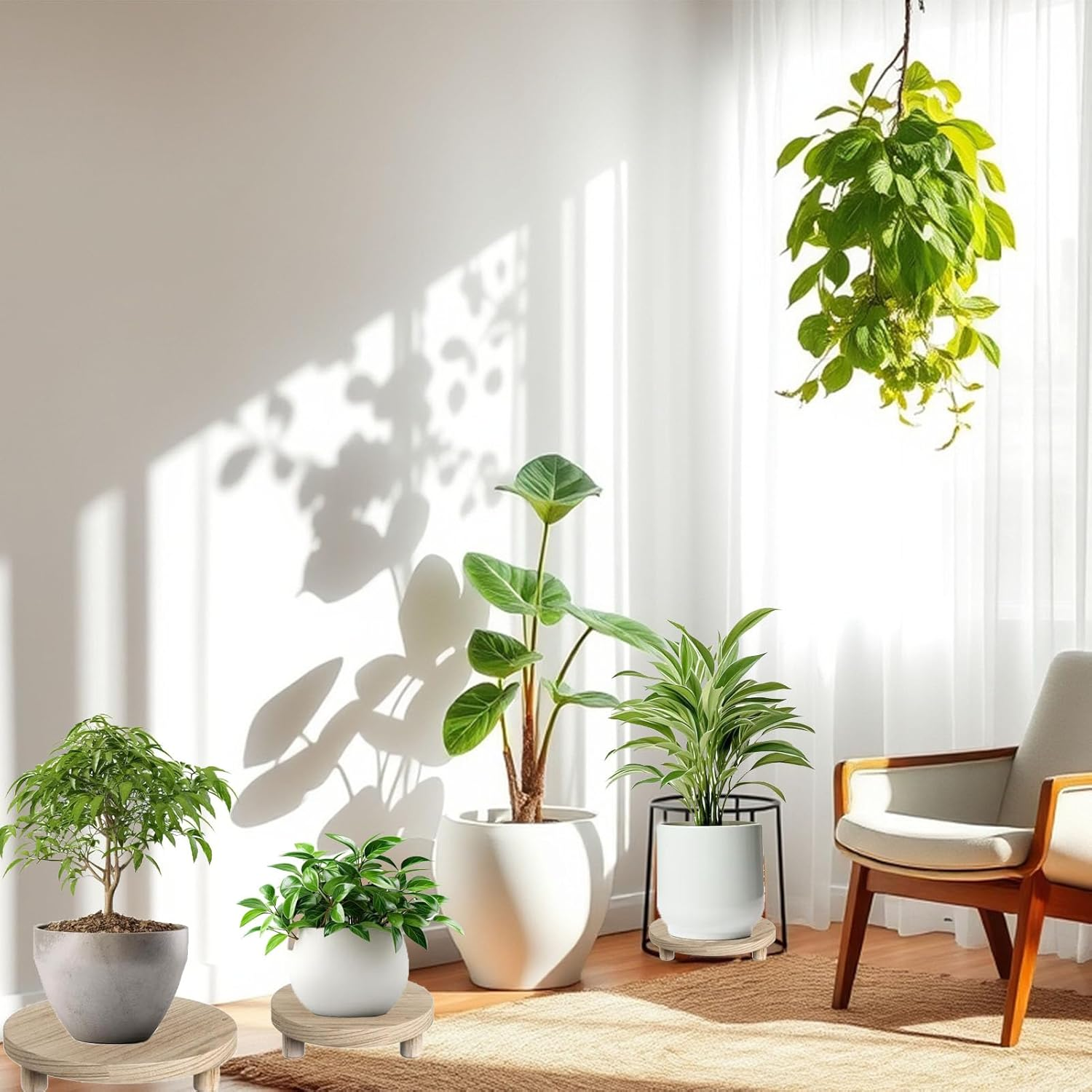 3 Pcs Plant Stand Indoor,Wooden Outdoor Indoor Plant Stands,Small round Plant Stands,Corner Plant Stand Fits 5 to 8 Inches Pots image number 5