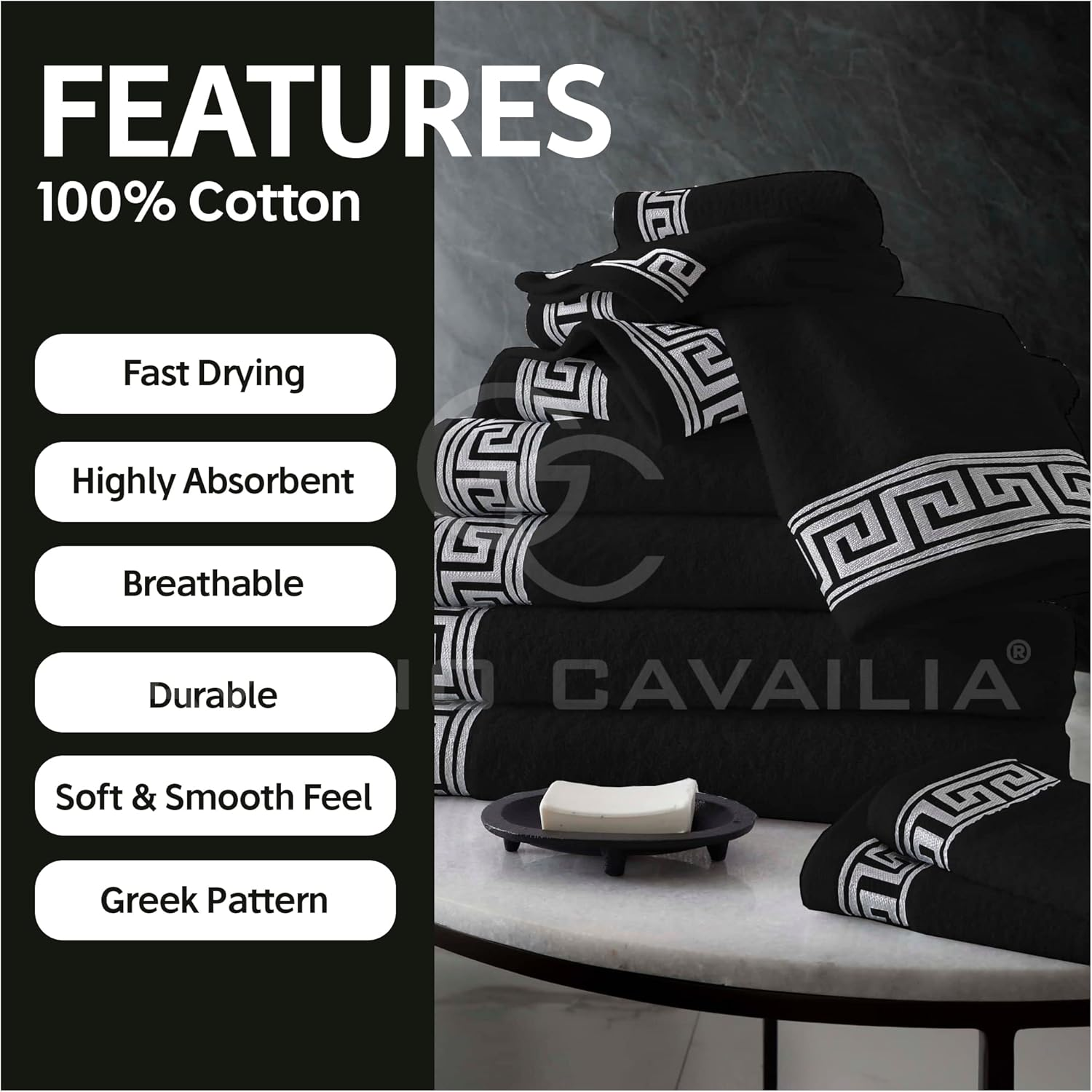 GC GAVENO CAVAILIA Extra Large Bath Sheet 500 GSM - 2 Pack Ringspun Cotton Towel for Bathroom - Highly Absorbent Towel Set - Washable Greek Towels - Black - 80X170 image number 4