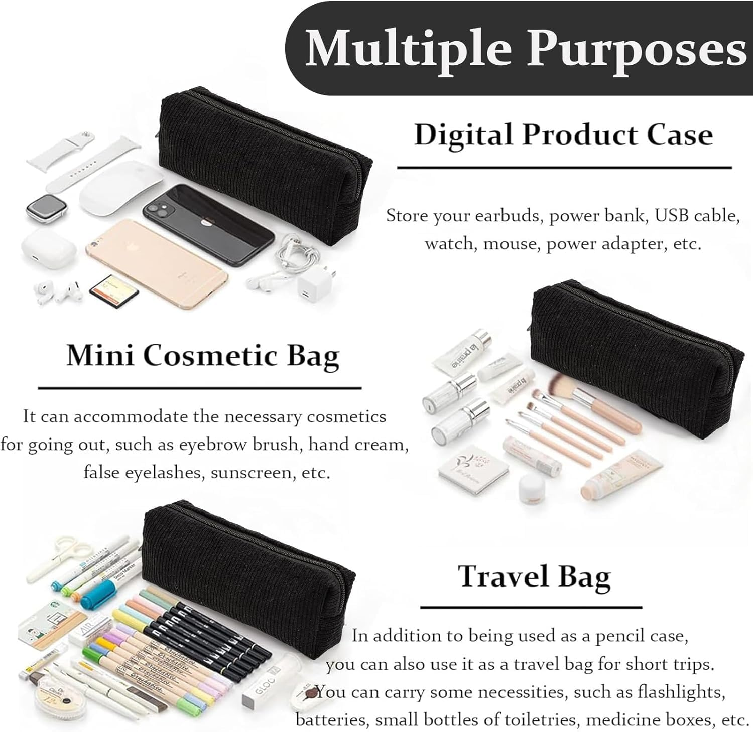 Pencil Case,Small Portable Corduroyfabric Pen Holder Storage Bag for Home School Office,Makeup Pouch Cosmetic Bag Office Stationery Organizer for Girls Boys Kids Adult (Black) image number 3