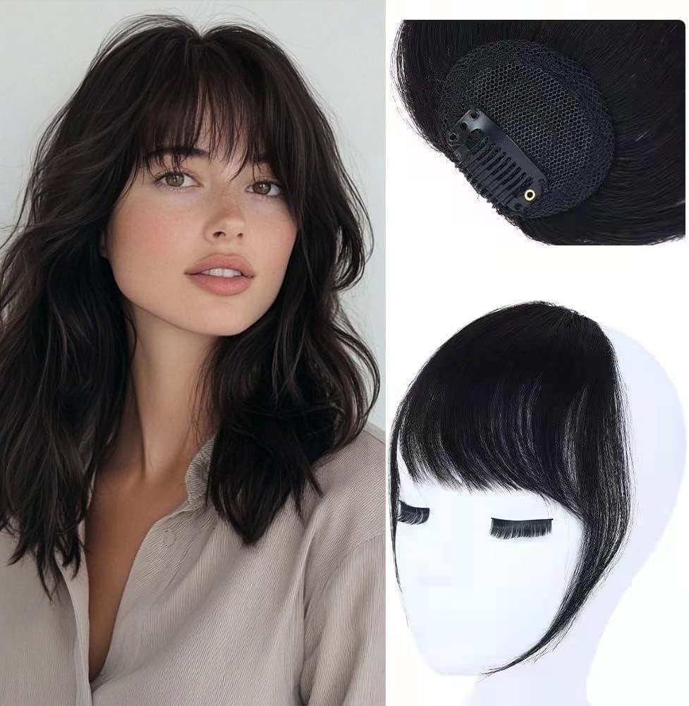 Clip in Bangs, 100% Human Hair Clip on Bangs &ndash; Wispy Fringe with Temples, Air Flat Neat Hairpieces, Daily Wear Hair Accessory for Women (Natural Black) image number 4