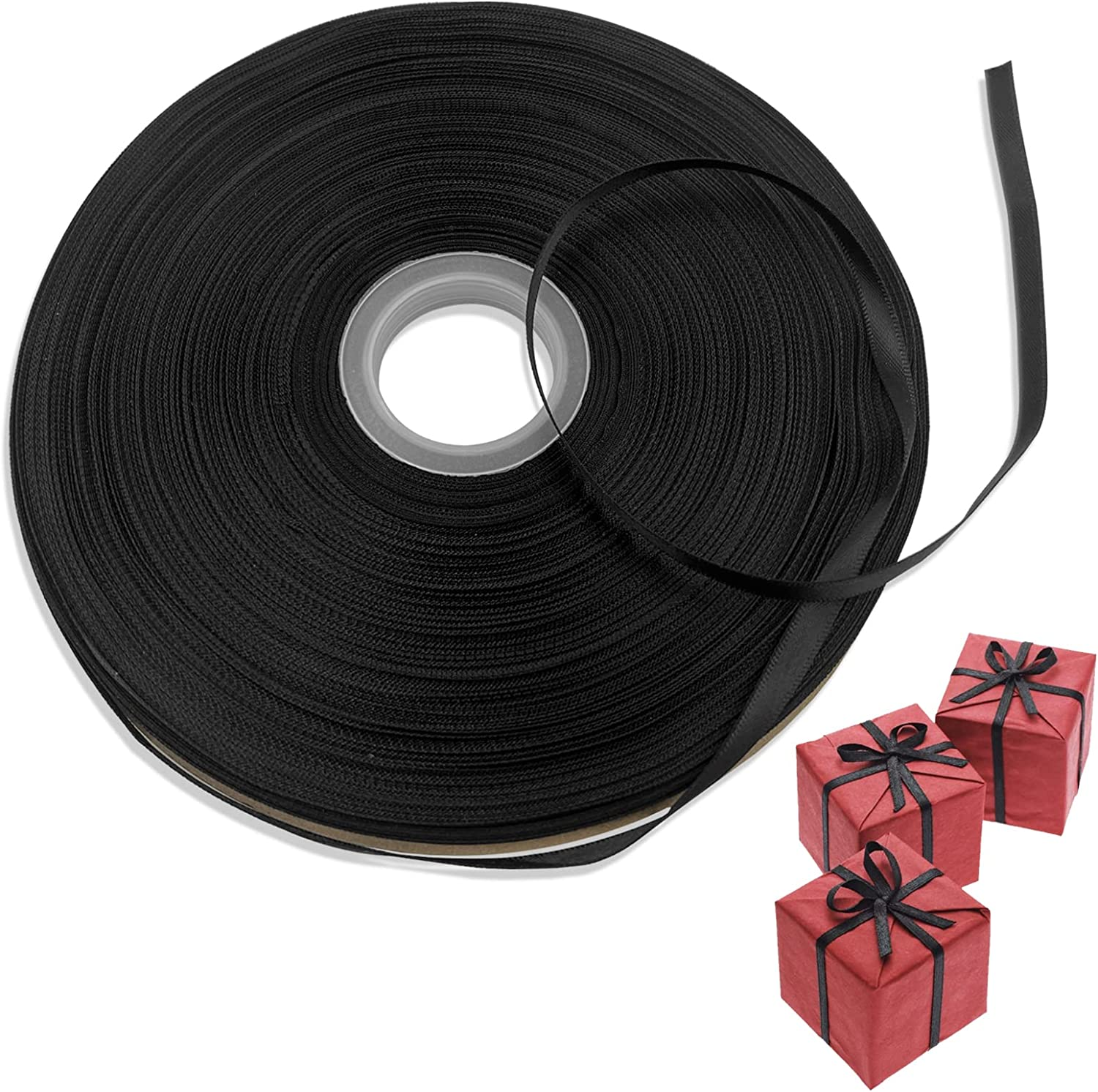 1/4 Inches Wide Double Faced Black Polyester Satin Ribbon, Findtop 100 Yards Long for Gift Wrapping Ornaments Party Favor and DIY Craft Supplies image number 2