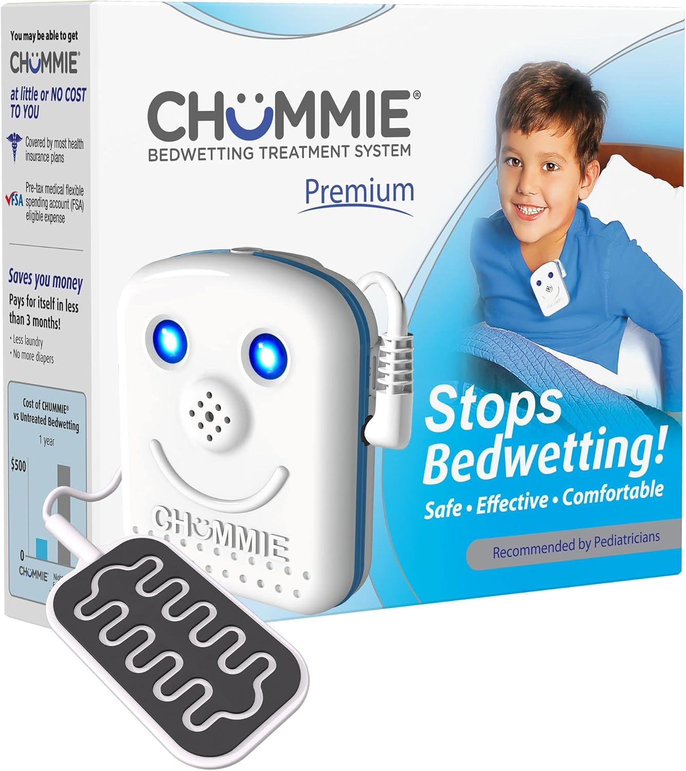 Chummie Premium Bedwetting Alarm for Deep Sleepers - Award Winning, Clinically Proven System with Loud Sounds, Bright Lights and Strong Vibrations, Blue