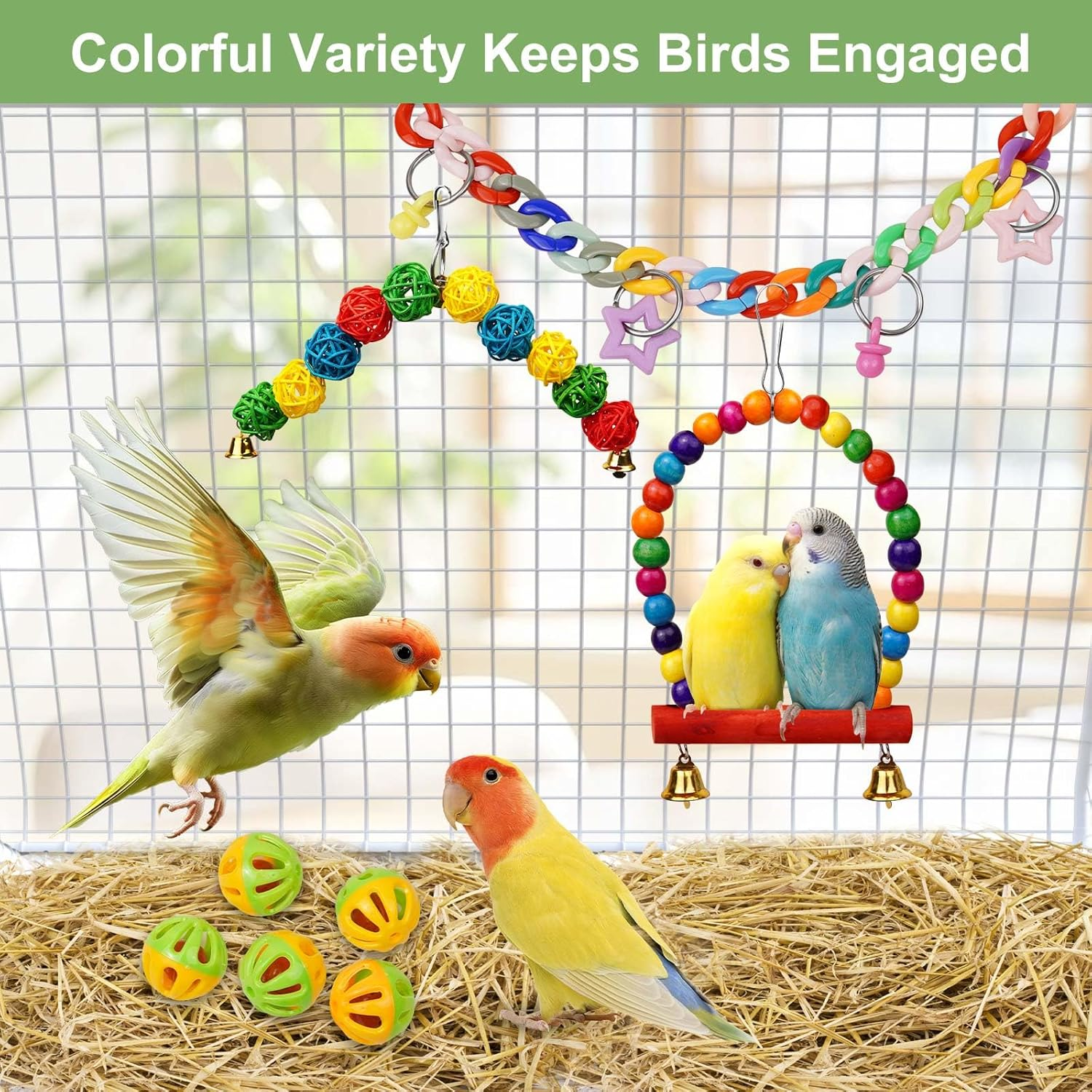 Bird Toys for Parrots, Colorful Budgie Toys Parrot Toys with Bird Perch, Swings, and Chews, Small Bird Cage Accessories for Conures, Parakeets, Lovebirds, Great for Daily Play or Gift (13 Pcs) image number 4