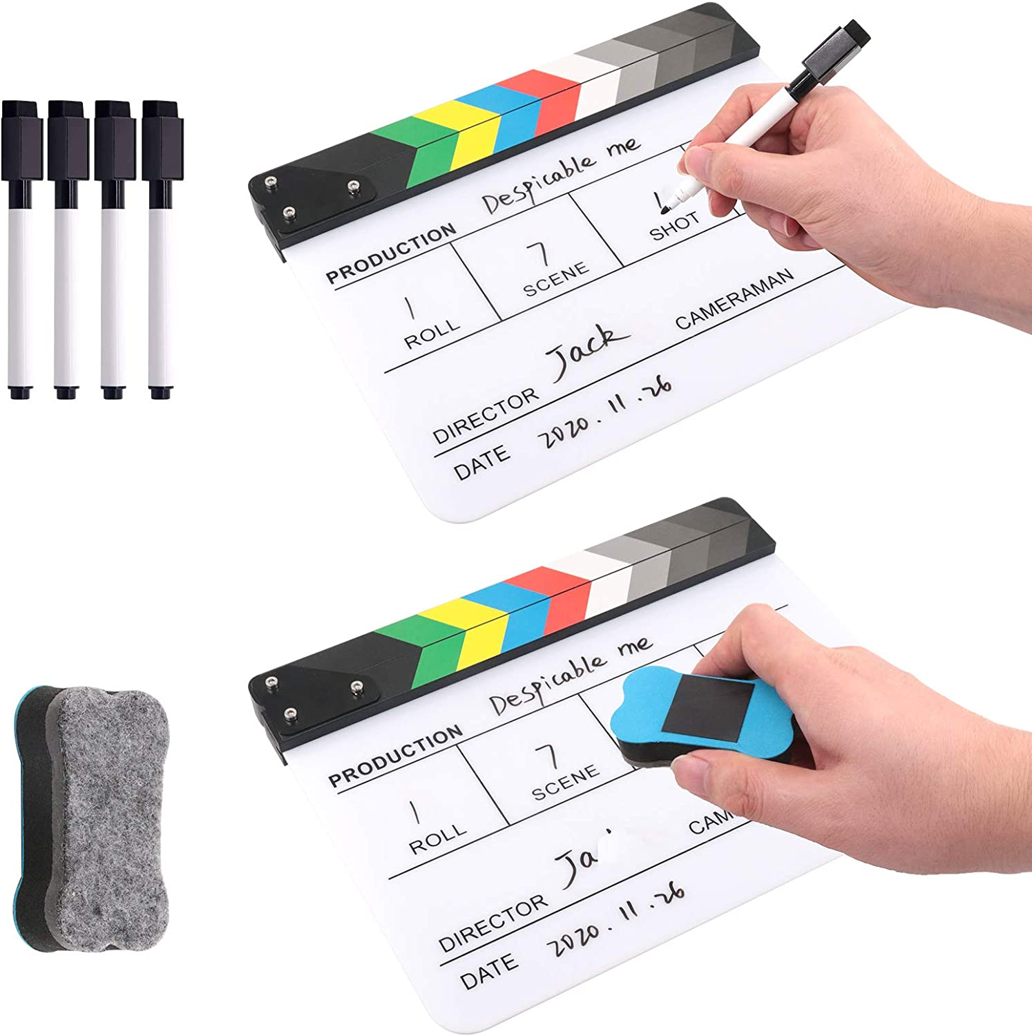 Rustark Movie Film Clap Board, Acrylic 10"X12" Acrylic Dry Erase Director Clapboard, Professional Photography Studio Video TV Cut Action Scene Clapper Board with 5 Pcs Erasable Pen