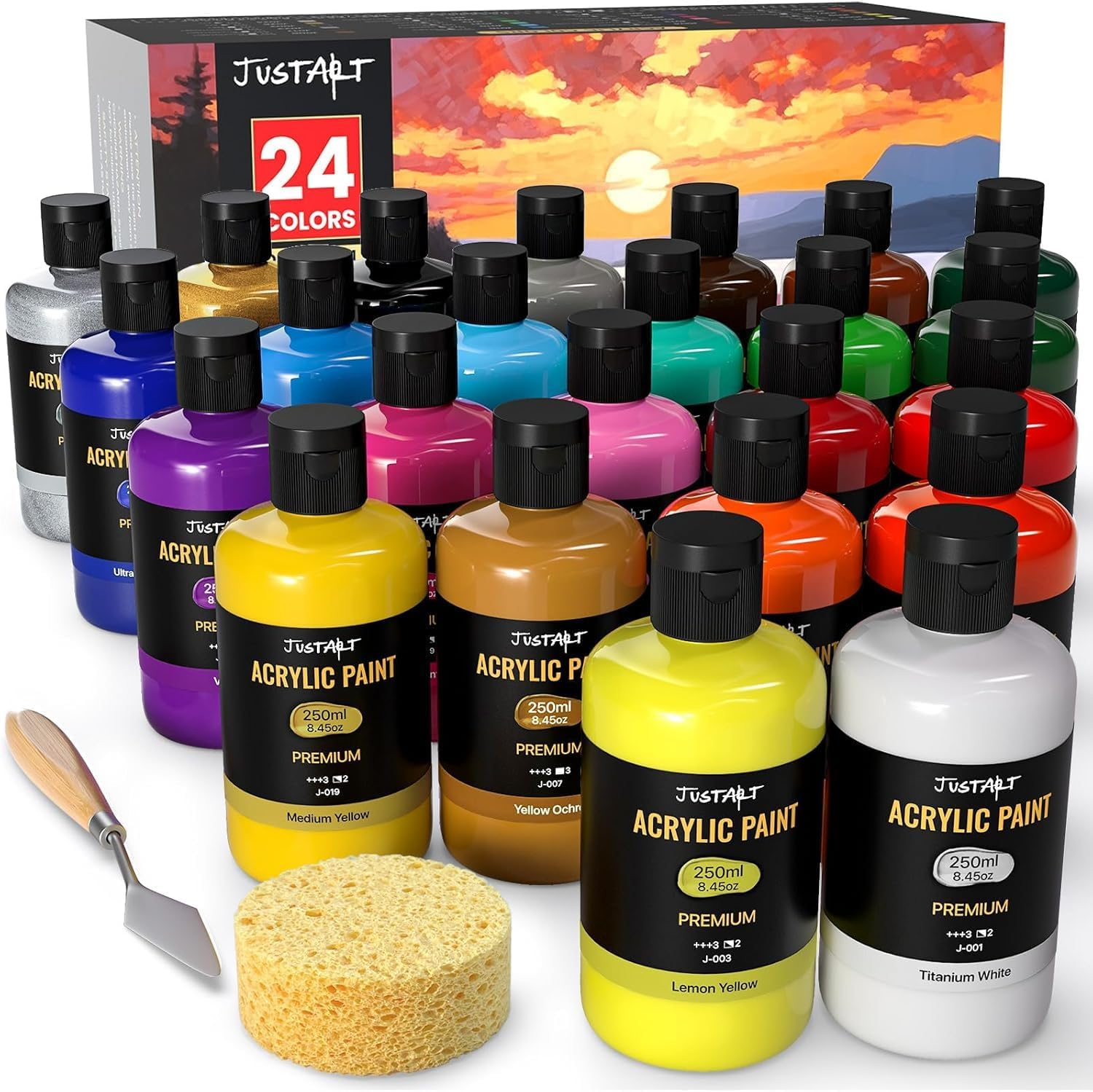 Jusart 24 Colors Acrylic Paint Set 250 Ml(8.45 Oz) Large Bottles (Including Metallic Gold and Silver),Non Toxic Acrylic Paint Professional Craft Paint Kit High Viscosity No Fading Rich Pigment image number 3