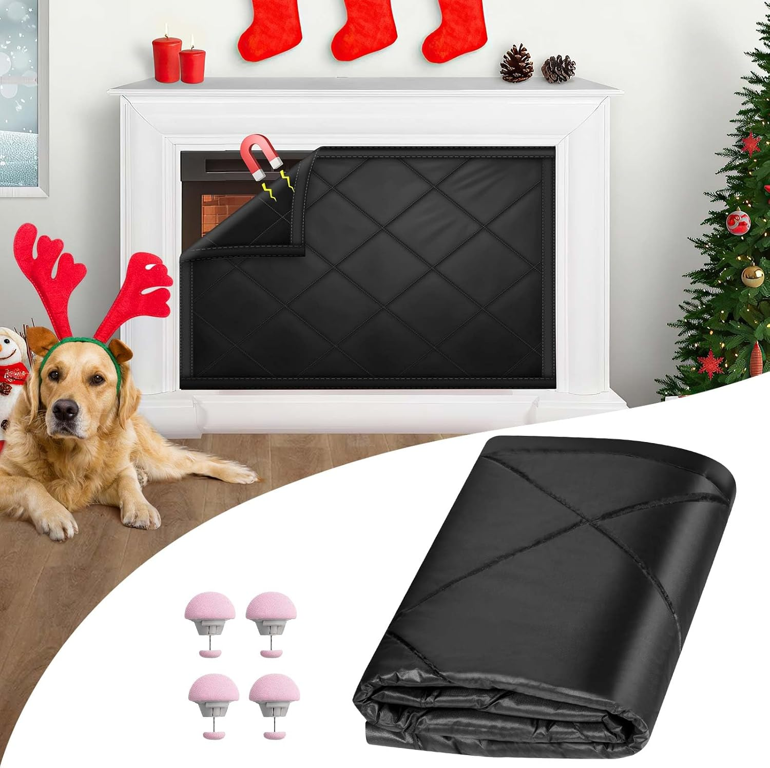 Magnetic Fireplace Draft Cover, Fireplace Blocker Blanket for Heat Loss, Indoor Draft Stopper with 12 Magnets for Iron Fireplace Frame, Fire Place Blanket for Insulation Black 36" W X 32" H image number 2