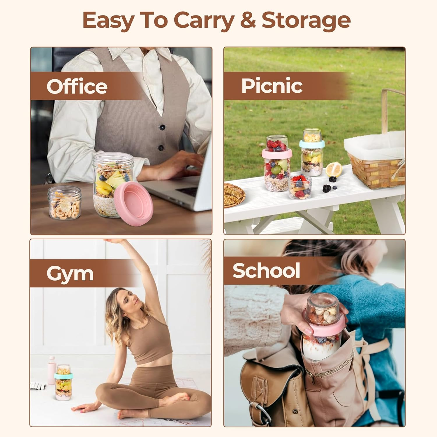 Comsaf 4 Pack 16Oz Overnight Oats Container Jar with Lids, Dual-Laryer Chia Pudding Jars with Dry and Wet Separation, Yogurt Parfait Cups for Oatmeal Cereal Nut Fruit, Meal Prep Glass Jars for Salad image number 5