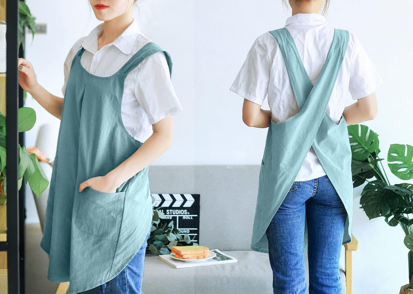 Soft Cotton Linen Apron Cross Back X-Shaped Japanese Style Pinafore Dress for Cooking, Housewarming, Daily Chores - Khaki image number 4