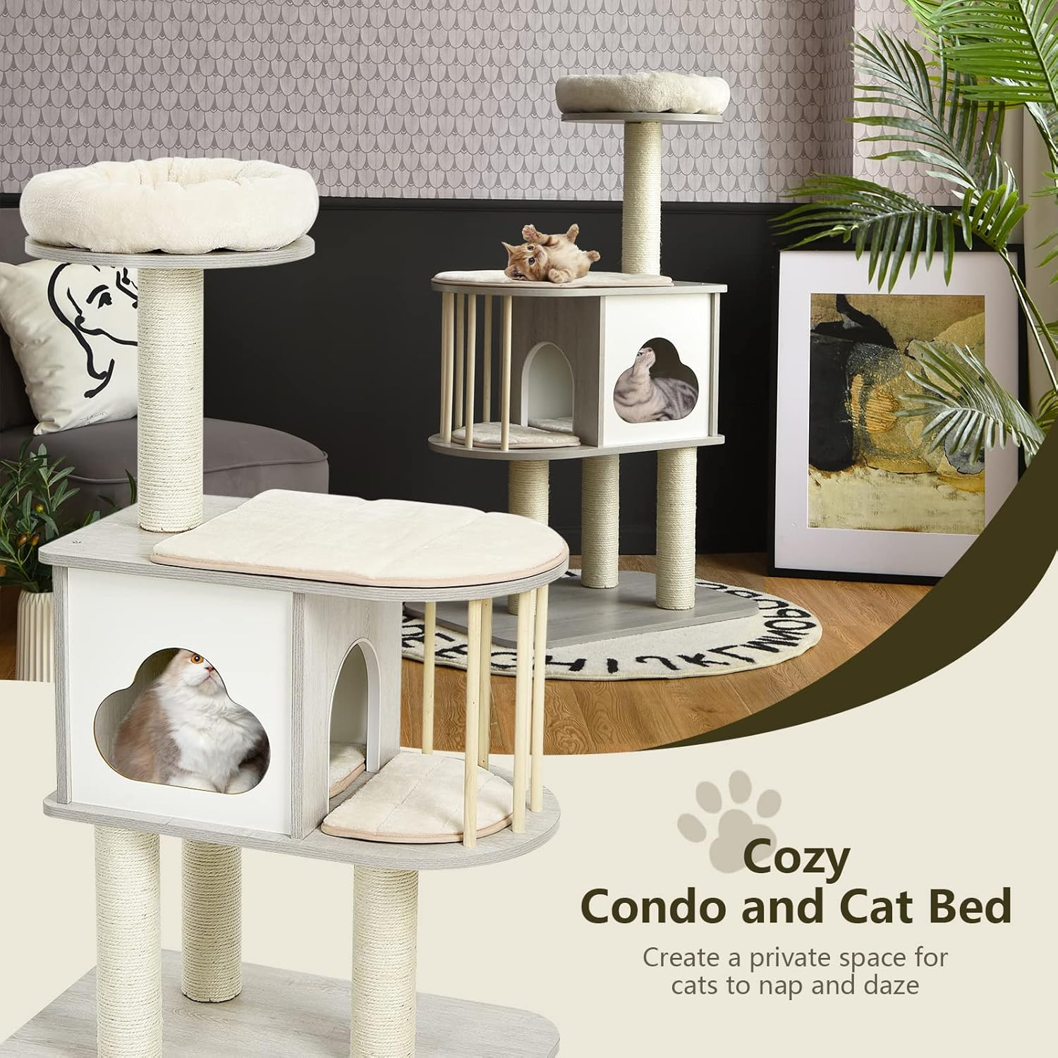Costway 117 Cm Wooden Cat Tower W/ Scratching Sisal Posts, 4-Tier Cat Tree W/ Condo, Stable Structure, Free Cushion, Platform, Protective Pine Wood Rail, Perch W/ Cat Bed, Small Cat Play House Combo for 1-2 Cats image number 6