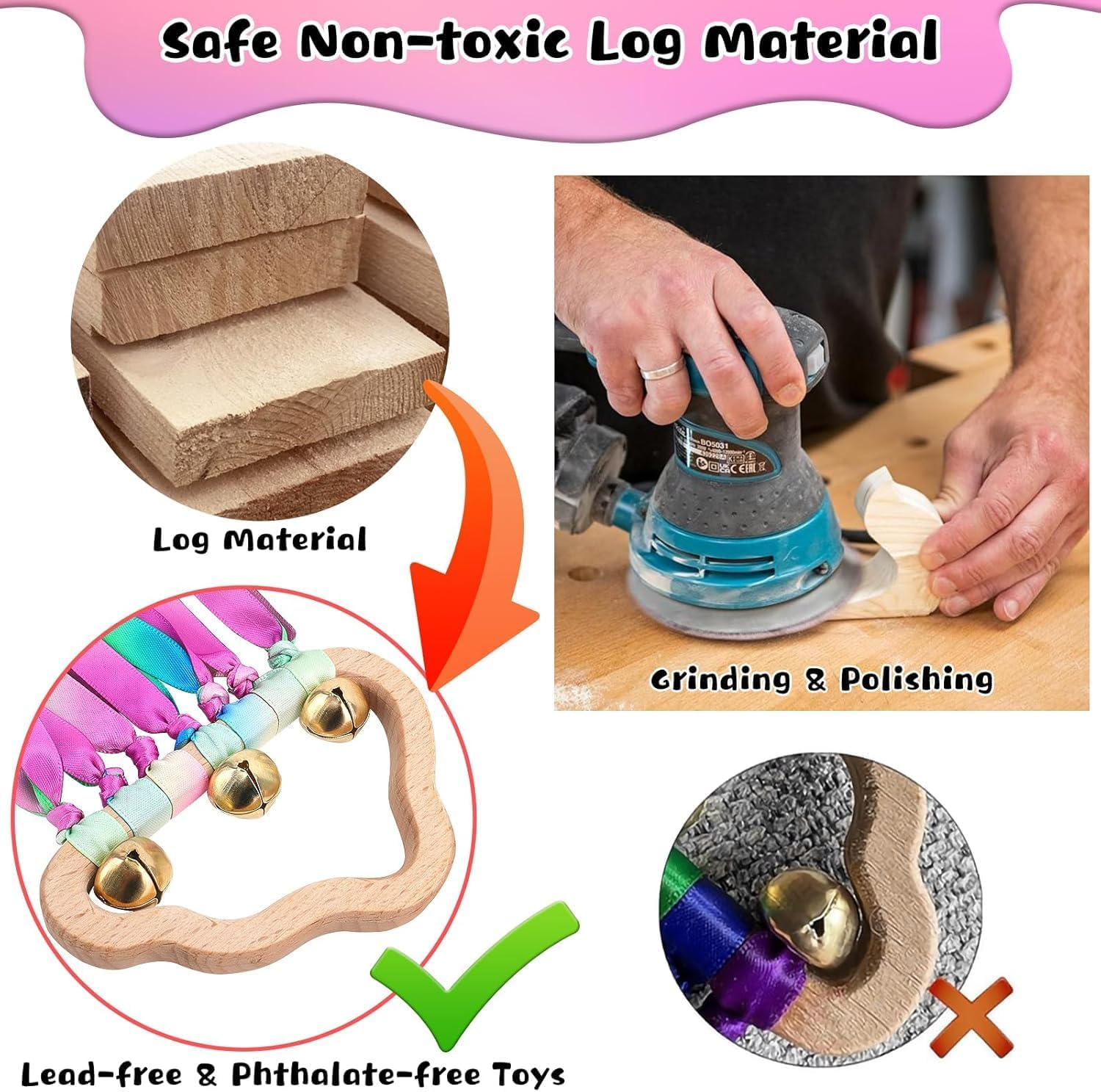 Baby Sensory Ribbon Ring Toys - 2Pcs Rainbow Ribbon Rattle Natural Wooden Ribbon Ring, Sensory Montessori Toy for 3+ Month Babies Toddler (Multicolor) - Multicolor image number 1