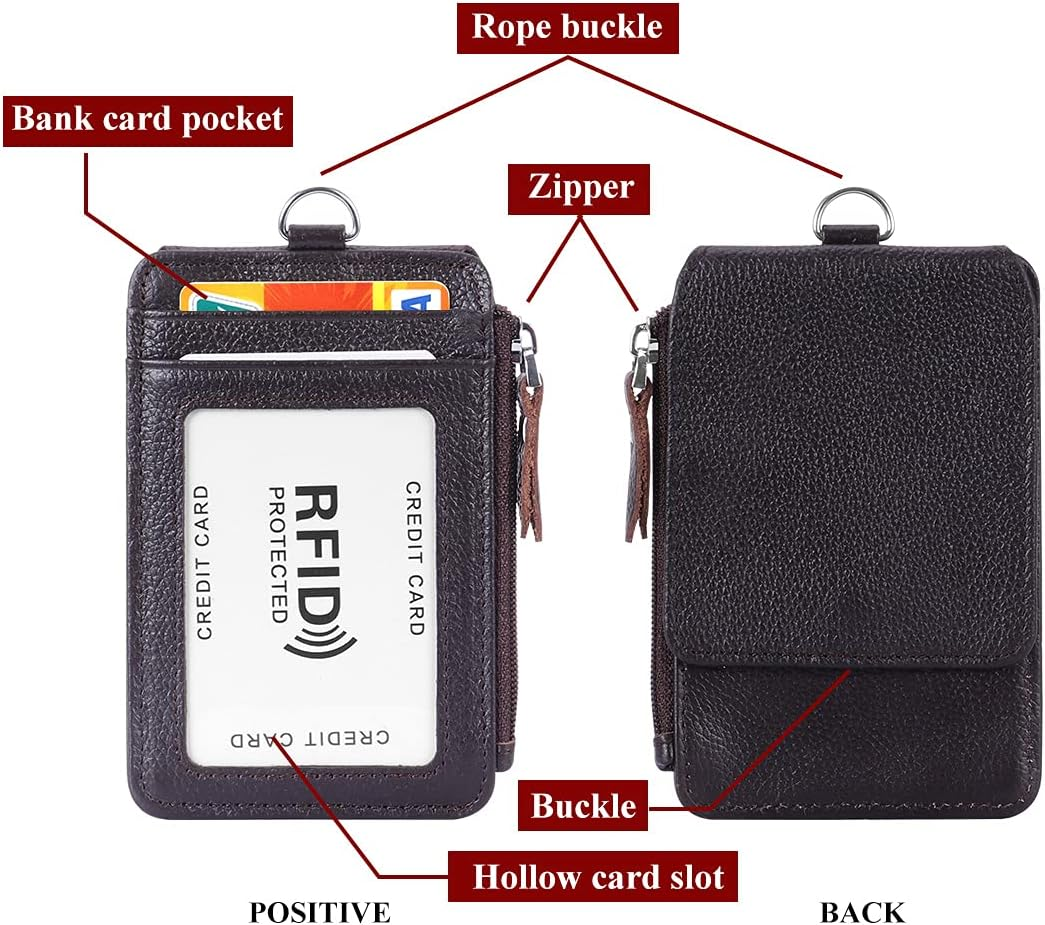 Badge Holder with Zipper Genuine Leather RFID Keychain Wallet Neck Lanyards with Swivel Hook for Card/Coin/Cash, Coffee - Coffee image number 6
