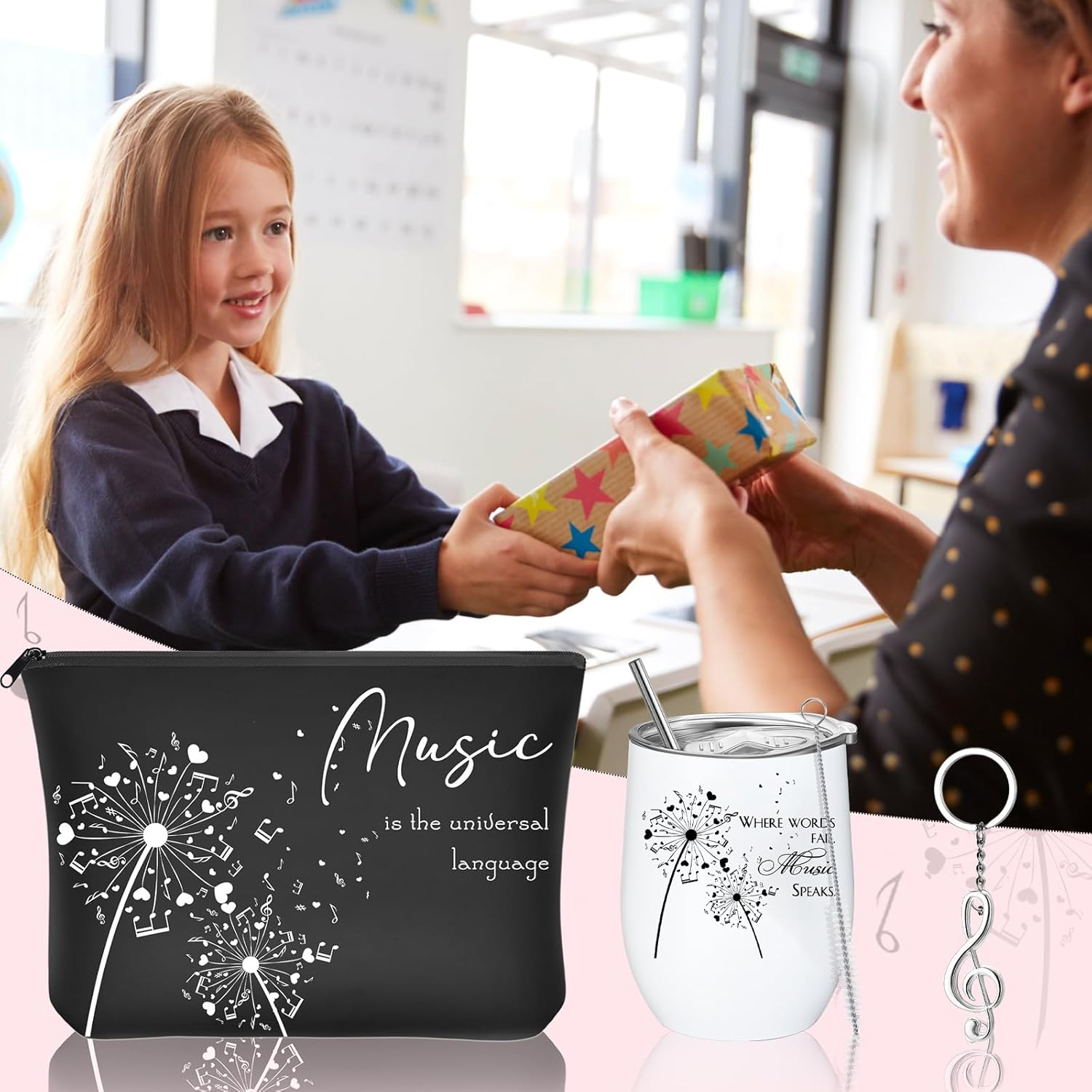 Sieral 12 Oz Music Themed Wine Tumbler & Cosmetic Bag & Keychain Set for Music Lovers & Teachers