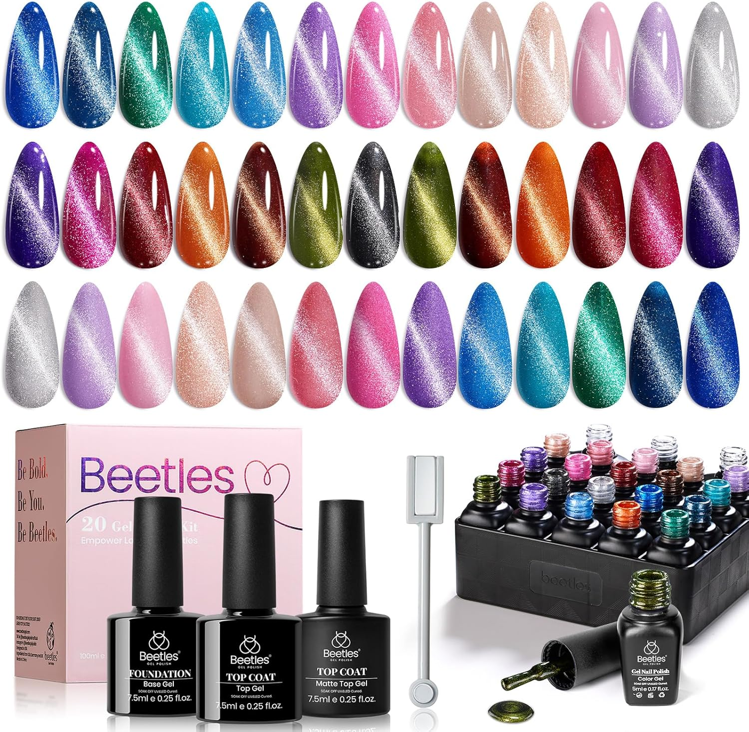 Beetles 20 Colors Cat Eye Gel Nail Polish Set with Base Gel and Matte Glossy Top Coat, Nude Pink Green Blue Gel Polish Lush Velvet with Magnet Soak off LED Nail DIY Art Home Salon Gifts for Women image number 2