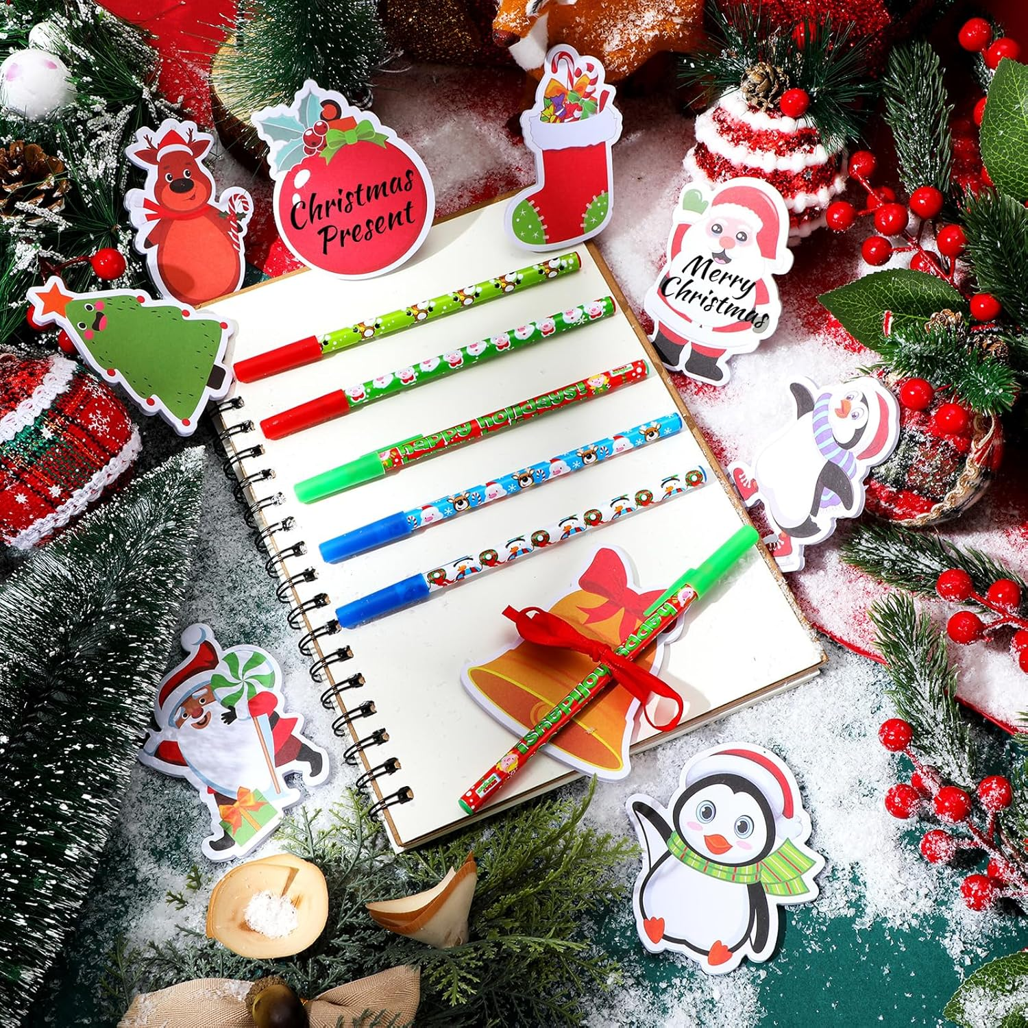 Cholemy 36 Sets Christmas Notepad Holiday Ballpoint Pens with Ribbon Winter Holiday Theme Sticky Note Set Christmas Pens for Kids Stationery Gift Goodie Bag Fillers Classroom Reward (Cute Style) image number 5