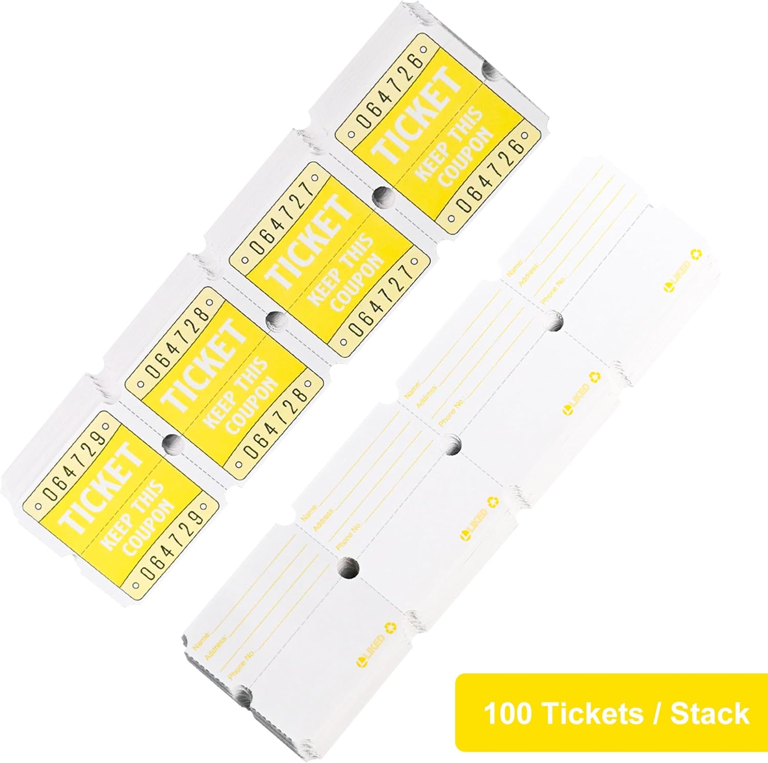 L LIKED 100 Raffle Tickets, 50/50 Double Roll Tickets for Event, Raffles, Carnival, Door Prizes and Class Reward (Yellow) image number 4