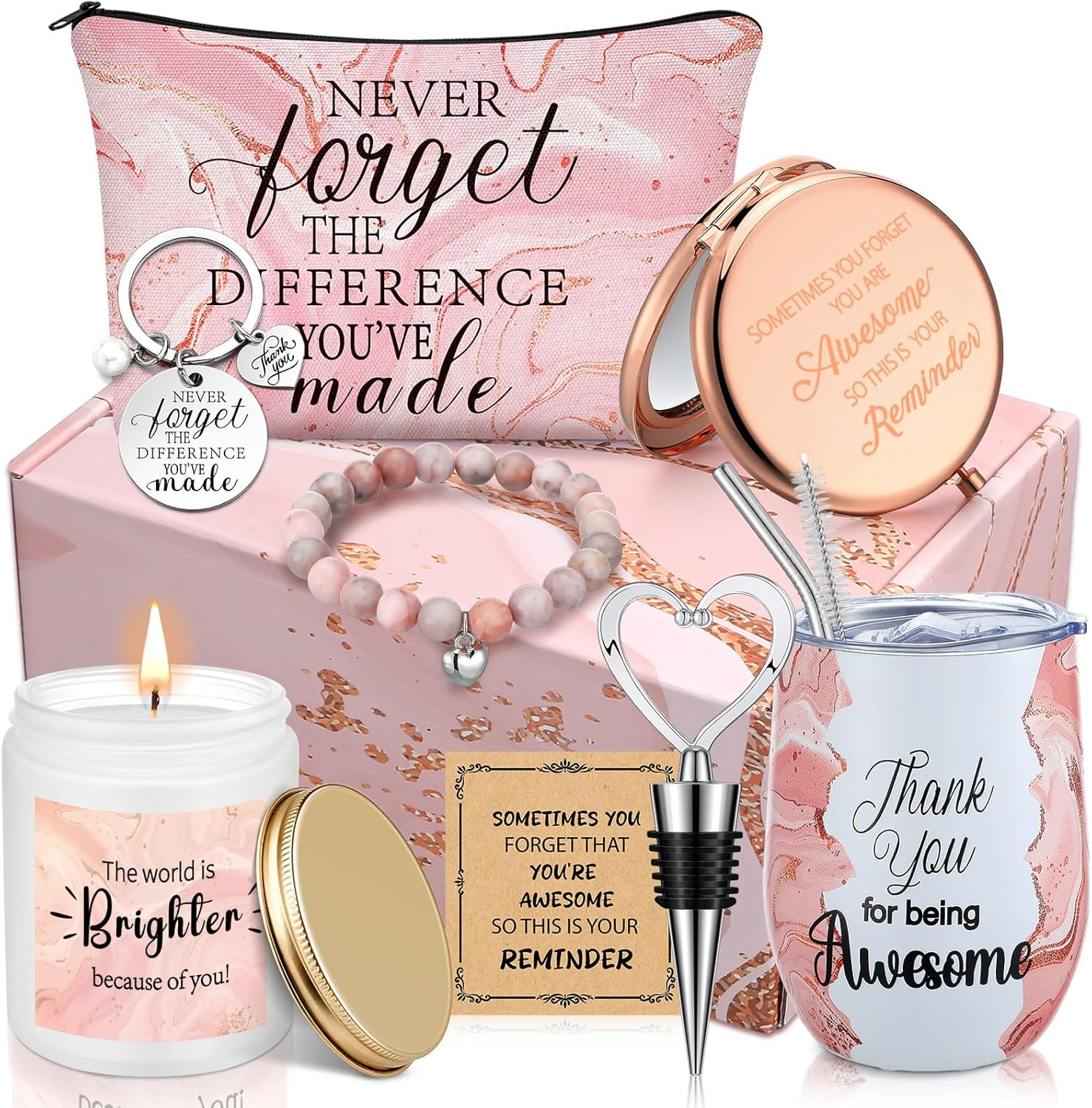 Perthlin 11 Pcs Thank You Gifts Sets for Women 12 Oz Tumbler Cosmetic Bags Candle Bracelet Keychain Card Appreciation Gift for Employee Teachers, Nurses, Coworkers, Boss, Leadership, Friends(Purple)