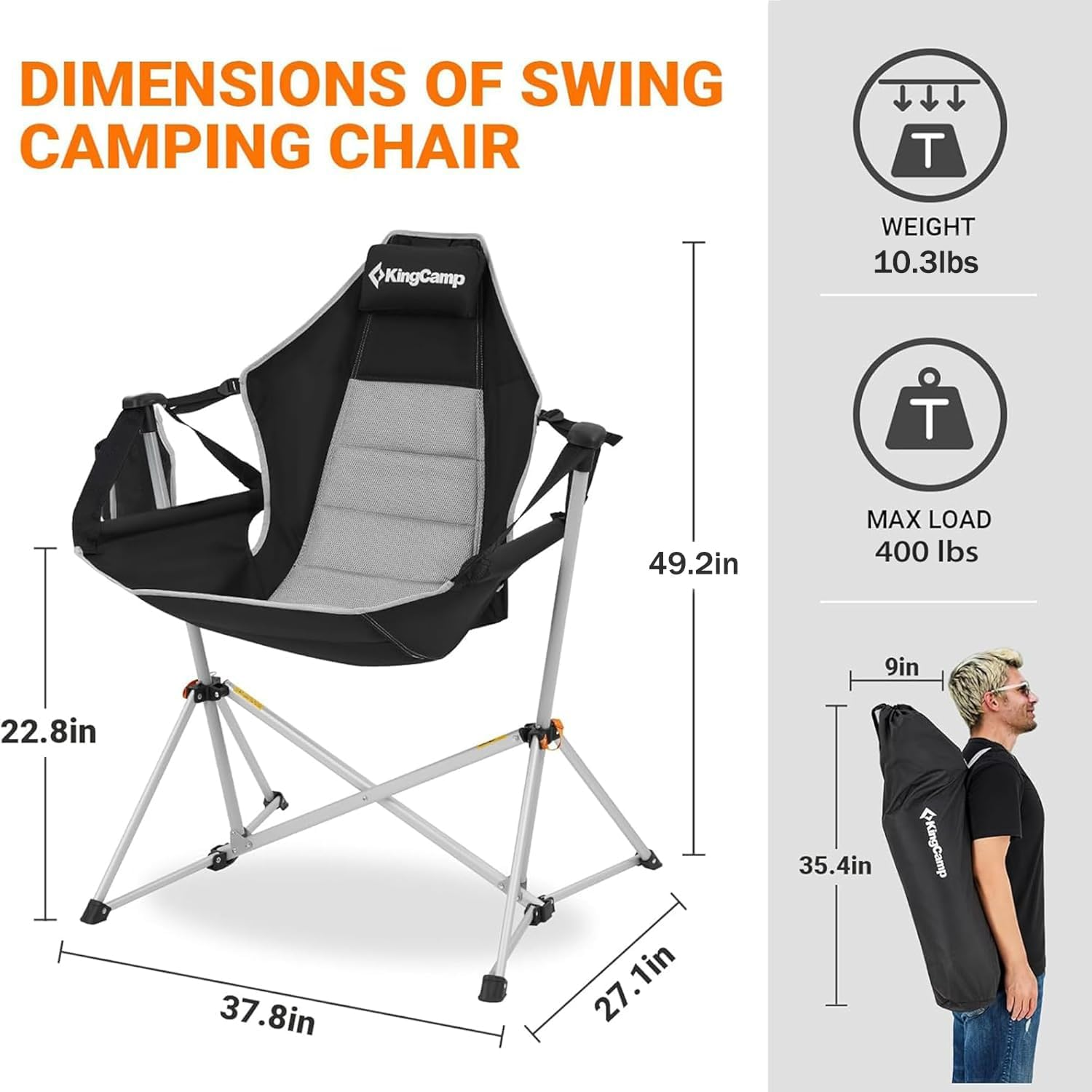 Kingcamp Hammock Camping Chair Swinging Rocking Recliner Chair for Backyard Lawn Beach Camp outside Indoor Adults Portable Lounger Folding Chair Hold up to 300Lbs with Carrying Bag (Black/Grey) image number 6