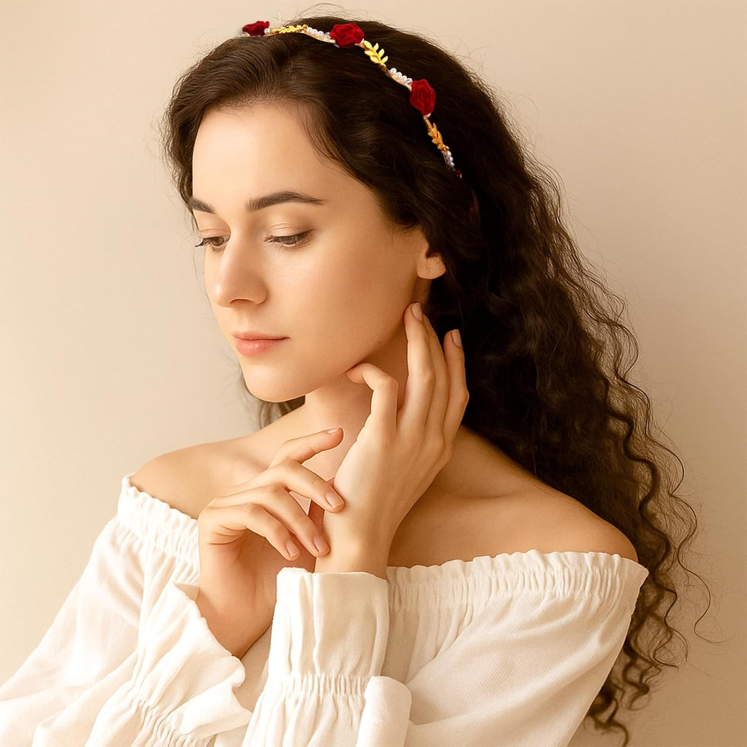 Heclia Hair Accessories for Flower Girl Wedding 2 Pieces Golden Vine Leaf Boho Headband and Vintage Red Rose Renaissance Accessories Bridal Beads Headpiece Wedding Princess Fairy Headband image number 5