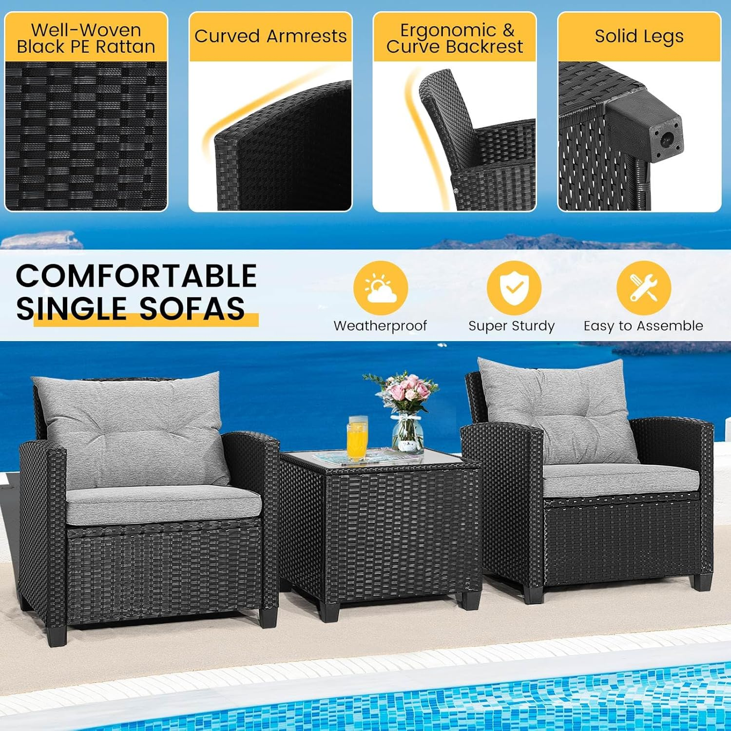 Costway 3 Pieces Patio Lounge Set, PE Rattan Wicker Outdoor Sofa Set W/Washable Cushion and Tempered Glass Tabletop, Conversation Furniture for Garden Poolside Balcony (Gray) - Gray image number 4