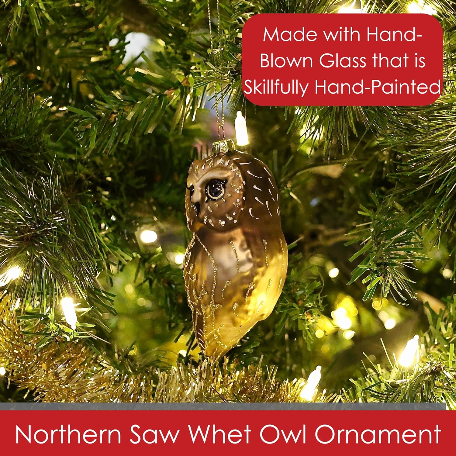 Cobane Studio Northern Saw Whet Owl Hanging Glass Ornament - Hand Blown and Hand Painted Bird Ornament for Christmas and Home Decor - Male Ruby Throated Hummingbird image number 7