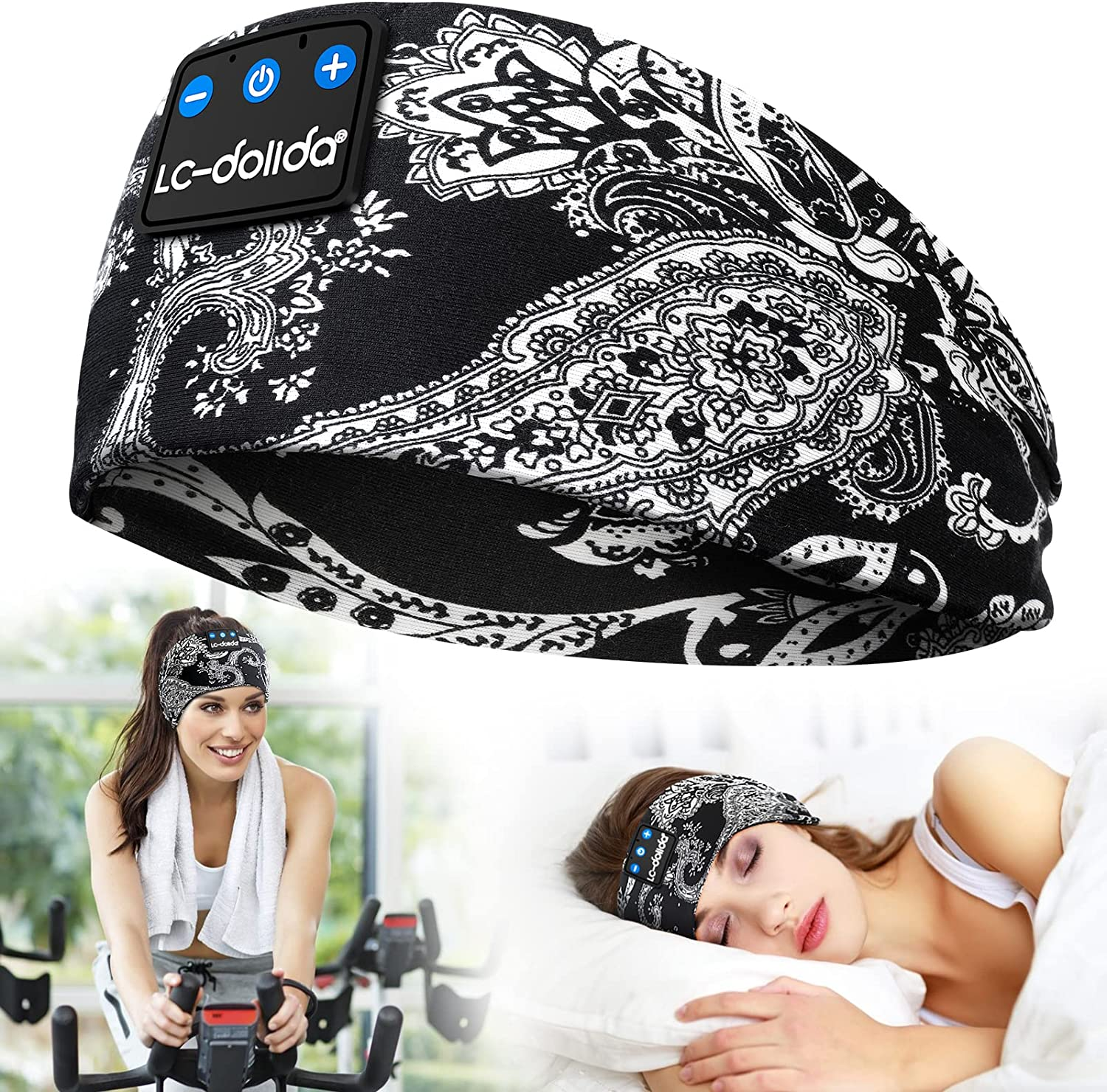 Sleep Headphones Headband Headphones,Lc-Dolida Boho Printed Workout Wireless Bluetooth Headband Sport Sleeping Headphones for Side Sleepers Handsfree Music Headband Tech Gadget Ideas for Running image number 3