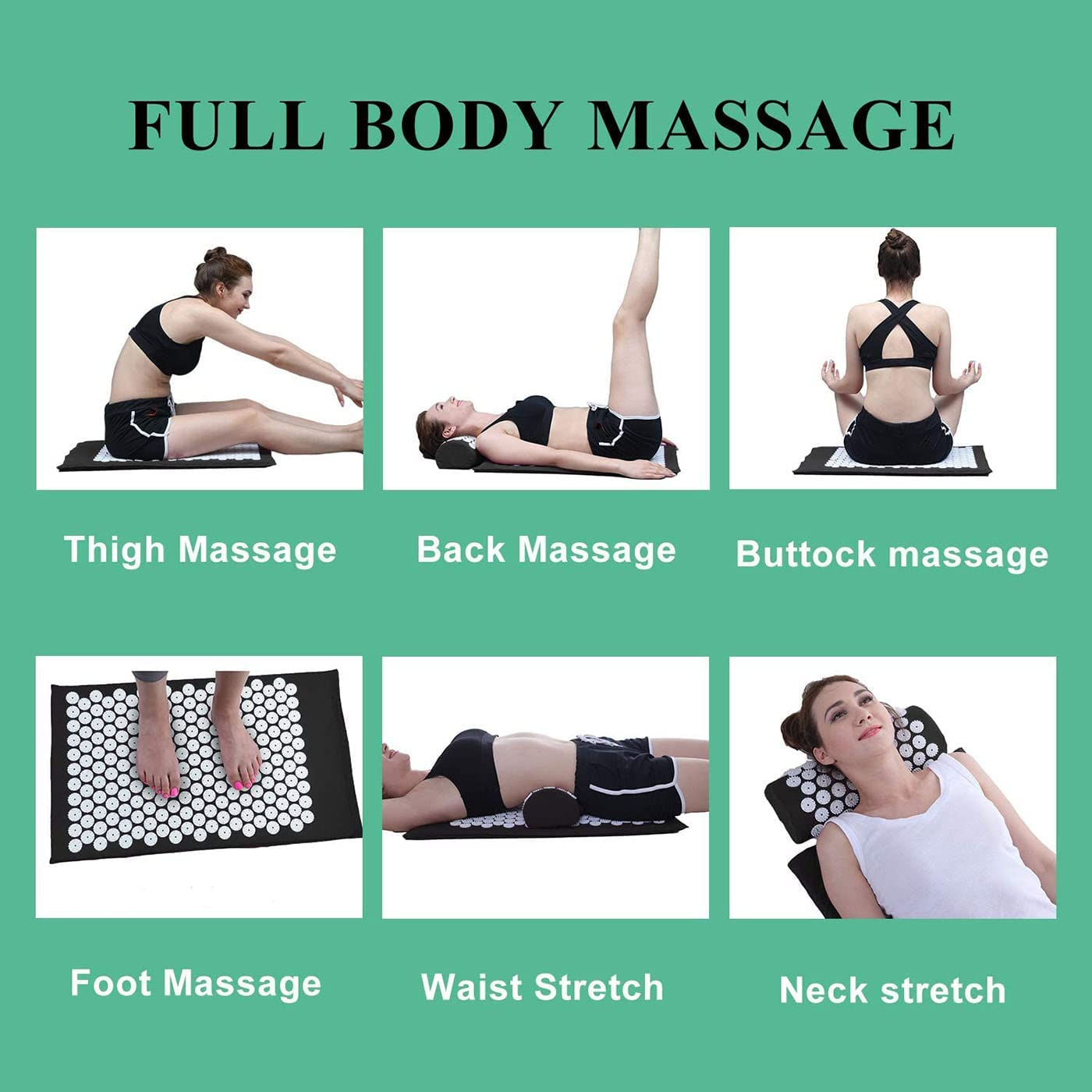 Acupressure Mat and Pillow Set with Bag - Large Size 28.7 X 16.5 Inch Massage Accupressure Body Mat - Naturally Relax Back, Neck and Feet Muscles - Helps Relieve Back, Neck Pain, Sciatica(Black)