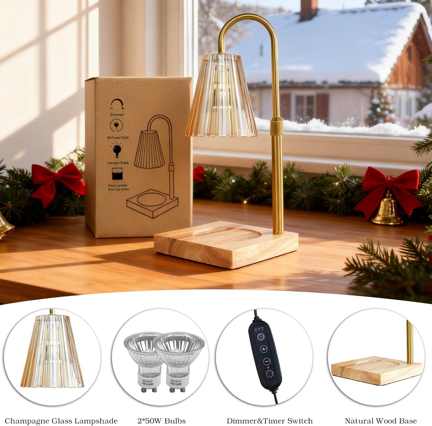 Koncle Candle Warmer Lamp with Timer Dimmable, Modern Champagne Glass Shade Table Lamp, Scented Candles Warmer with 2 GU10 Bulbs for Home Decor(Wooden Base) image number 5