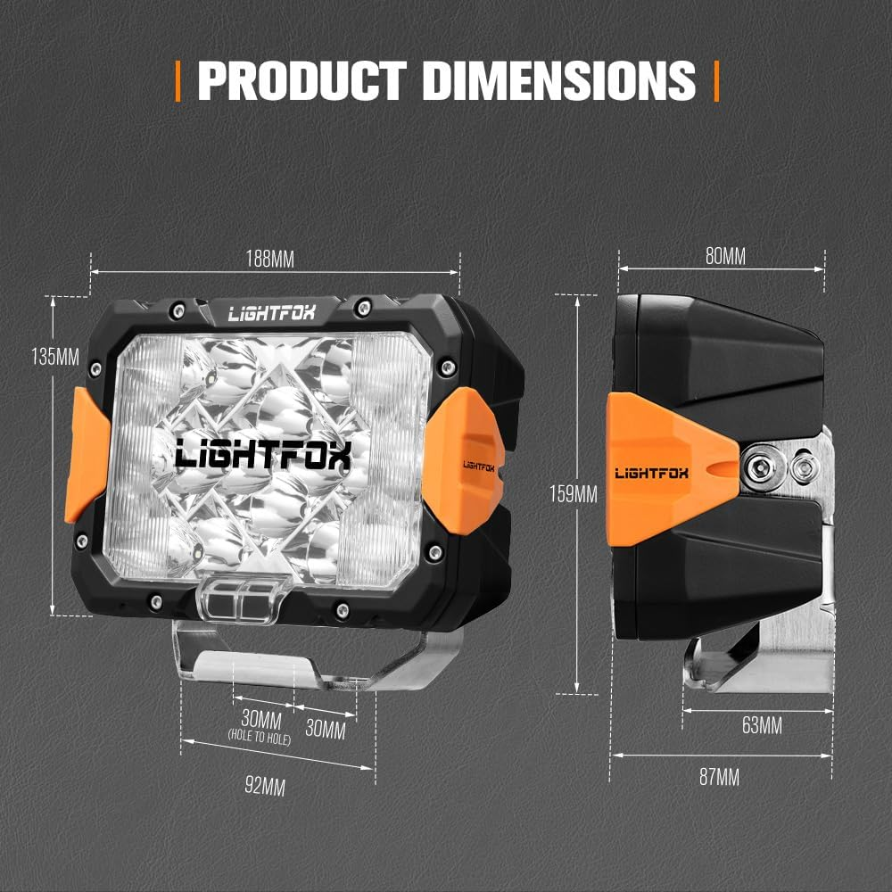 LIGHTFOX 2 Pcs 9 Inch LED Driving Light Rectangular, 13,560LM Spot & Flood with Protective Covers & Colour Caps, Adjustable Angle with Wiring Harness, IP68 for Offroad Jeep Wrangler Truck Pickup SUV image number 5