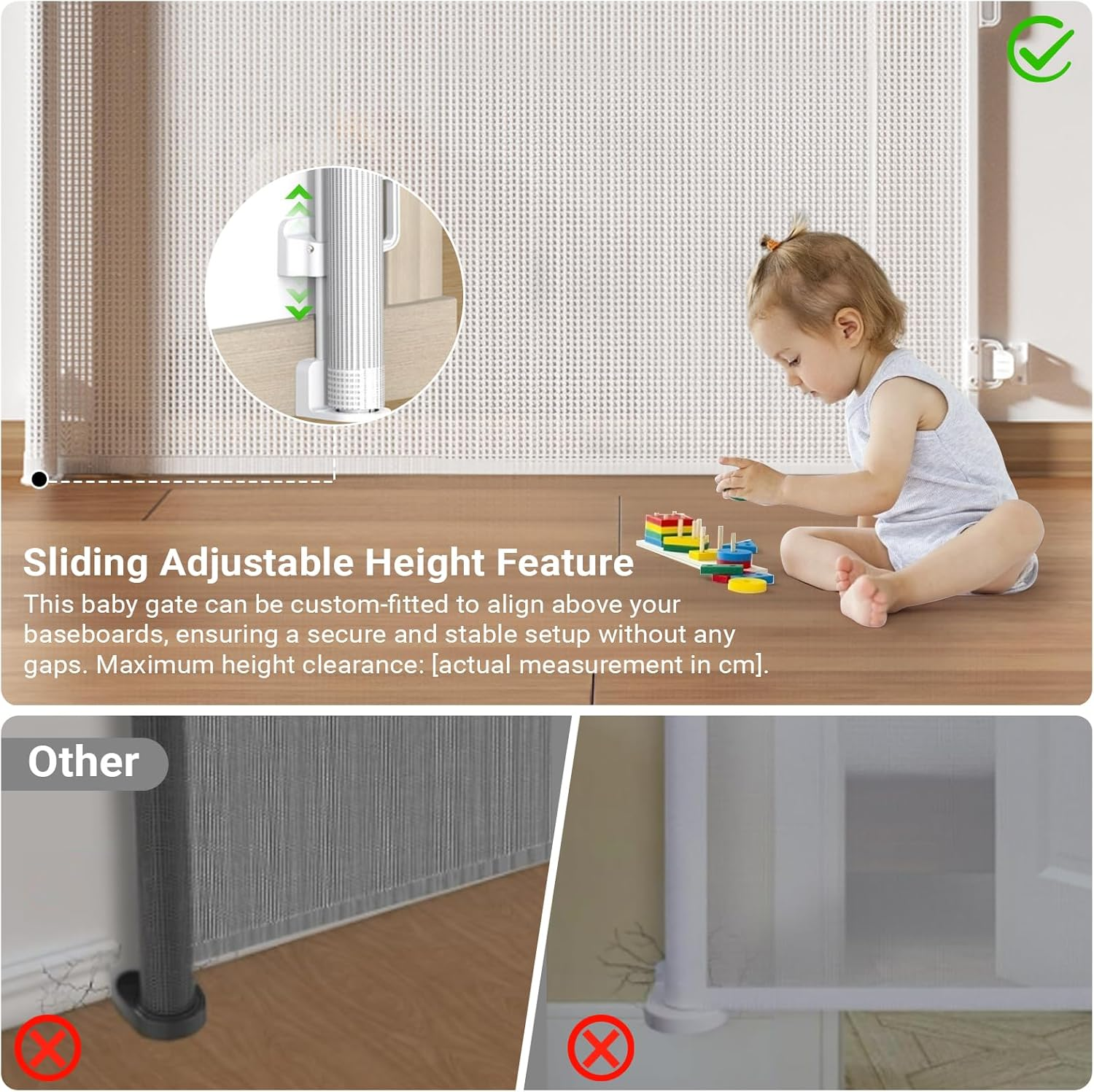 Retractable Baby Gate Durable Portable Mesh Gate Easy Installation 86CM Tall Stretches 180CM Wide for Large Stairs Retractable Dog Gates for Doorways Stairs Indoor Outdoor(White,86Cmx180Cm)