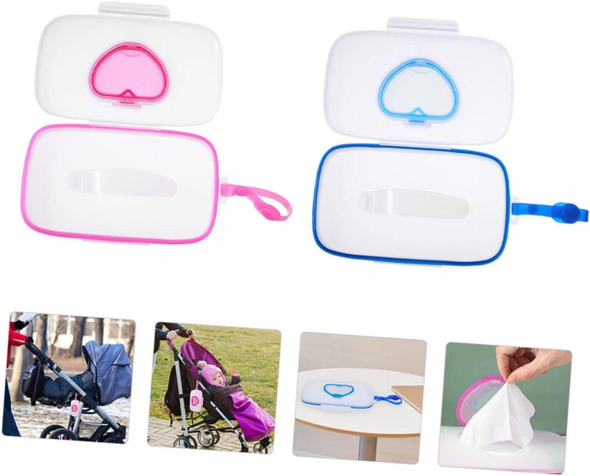 Portable Baby Wet Tissue Cases 2Pcs Set Sealing Lid, Lightweight Reusable Tissue Box for Outdoor Travel, Infant Wet Wipe Holder in White and Pink or White and Blue image number 4
