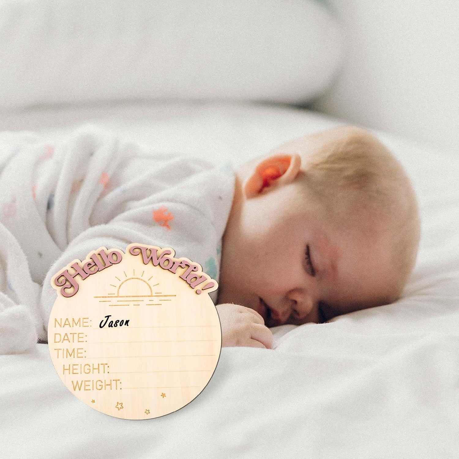 Baby Announcement Sign, I'M New Here Wooden Baby Announcement Sign Hello World Newborn Sign Name Plaques Photography Props Card Welcome Baby Keepsakes Birth Record Decoration(Sun) image number 2