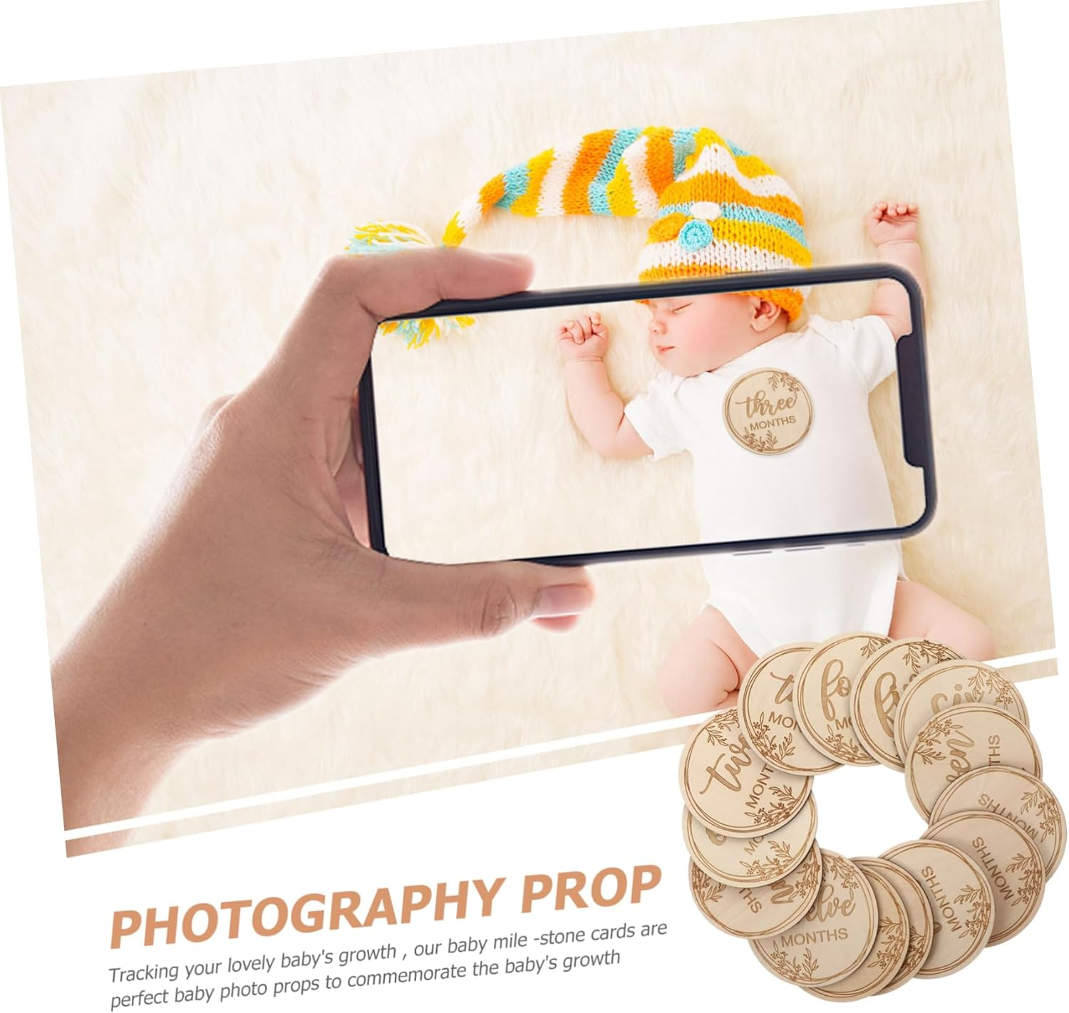 HANABASS 1Set Wooden Monthly Milestone Cards Cards for Newborn Photography Memory Keepsakes for First Year Commemorations image number 1