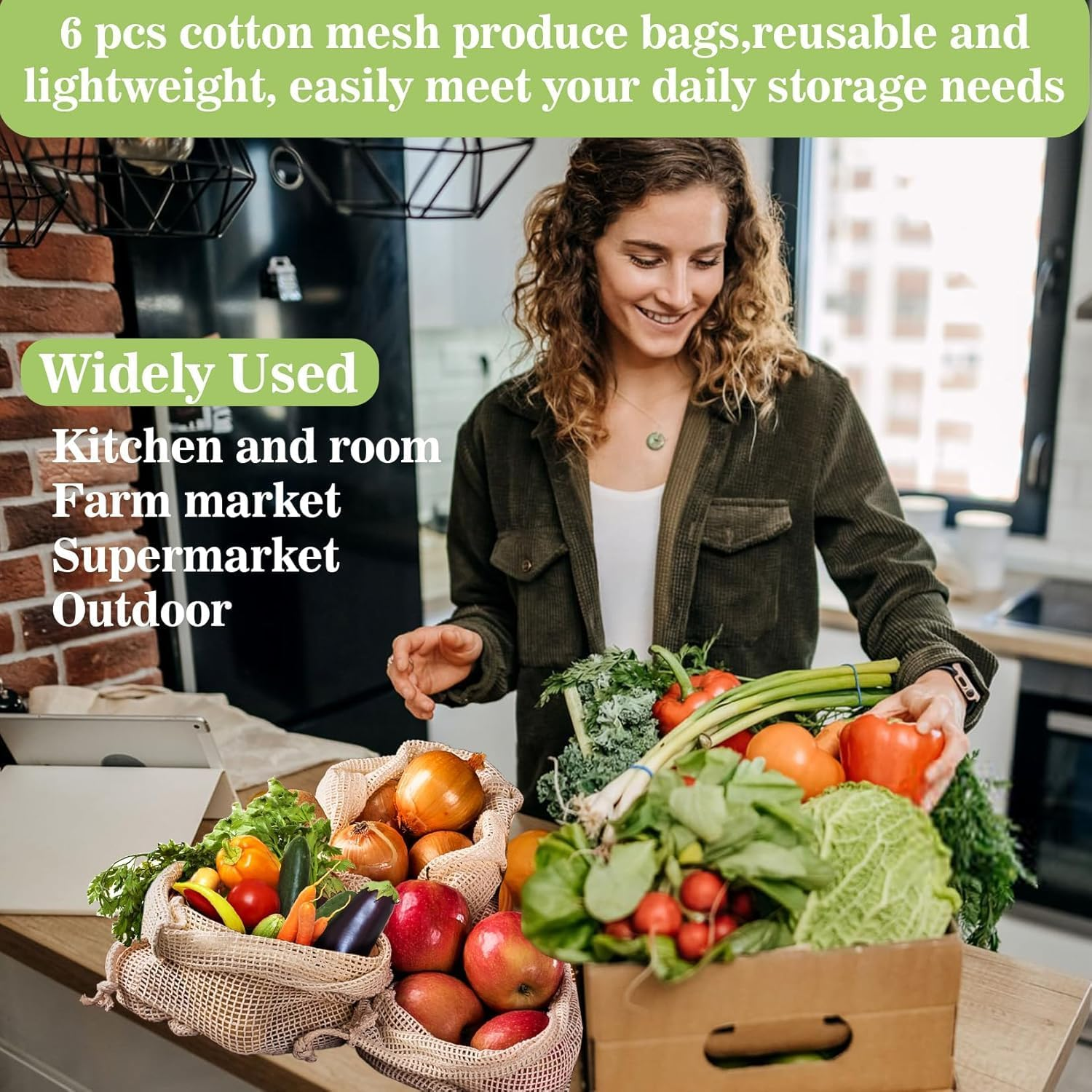 6 Pack Reusable Produce Bags Cotton Mesh Produce Bags Mesh Storage Produce Bags Reusable Durable Double Stitched with Drawstring Produce Bag for Vegetables,Fruit & Grocery Shopping (2L,2M,2S) image number 1