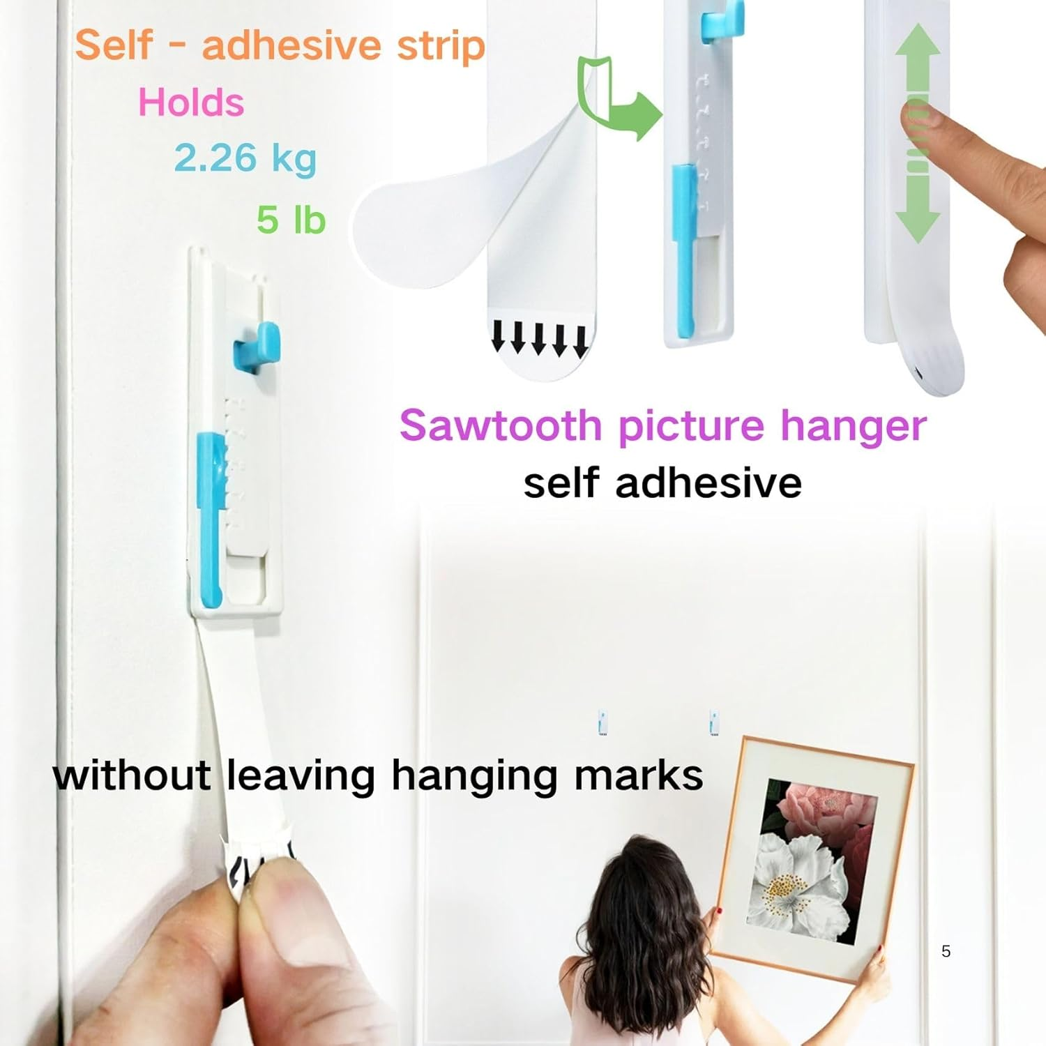 Laffeya Picture Hangers, Adjustable Adhesive Wall Hooks with Level, Damage Free Hanging Strips Hanger for Art, Photos, Mirrors & Decor Frame (Picture Hook, 2) image number 4