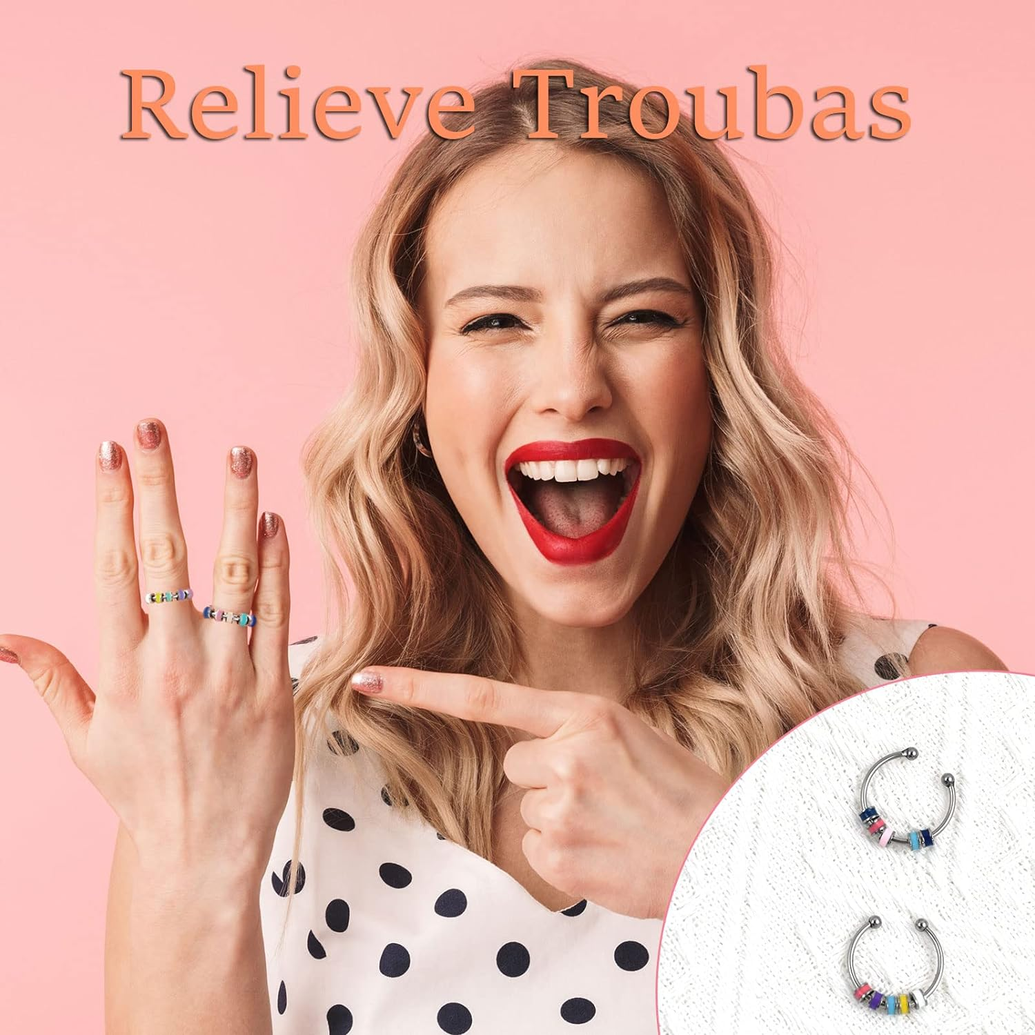 Spinning Enamel Fidget Ring, Anxiety Relief Ring Adjustable Fidget Ring Roll Anti-Anxiety Spinner Fidget Rotating Ring Stress Relief Rings Bead Spinner Ring for Women Daughter Granddaughter Kids image number 2