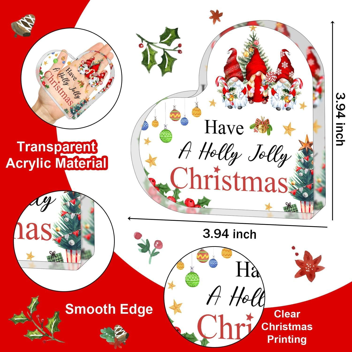 Acrylic Christmas Ornament, Heart Tabletop Ornament, Cute Holiday Home Decoration for Table, Mantel or Office Desk, Clear Acrylic Christmas Decor Sign, Gifts for Women, Girls, Mum, Friends (Gnome)