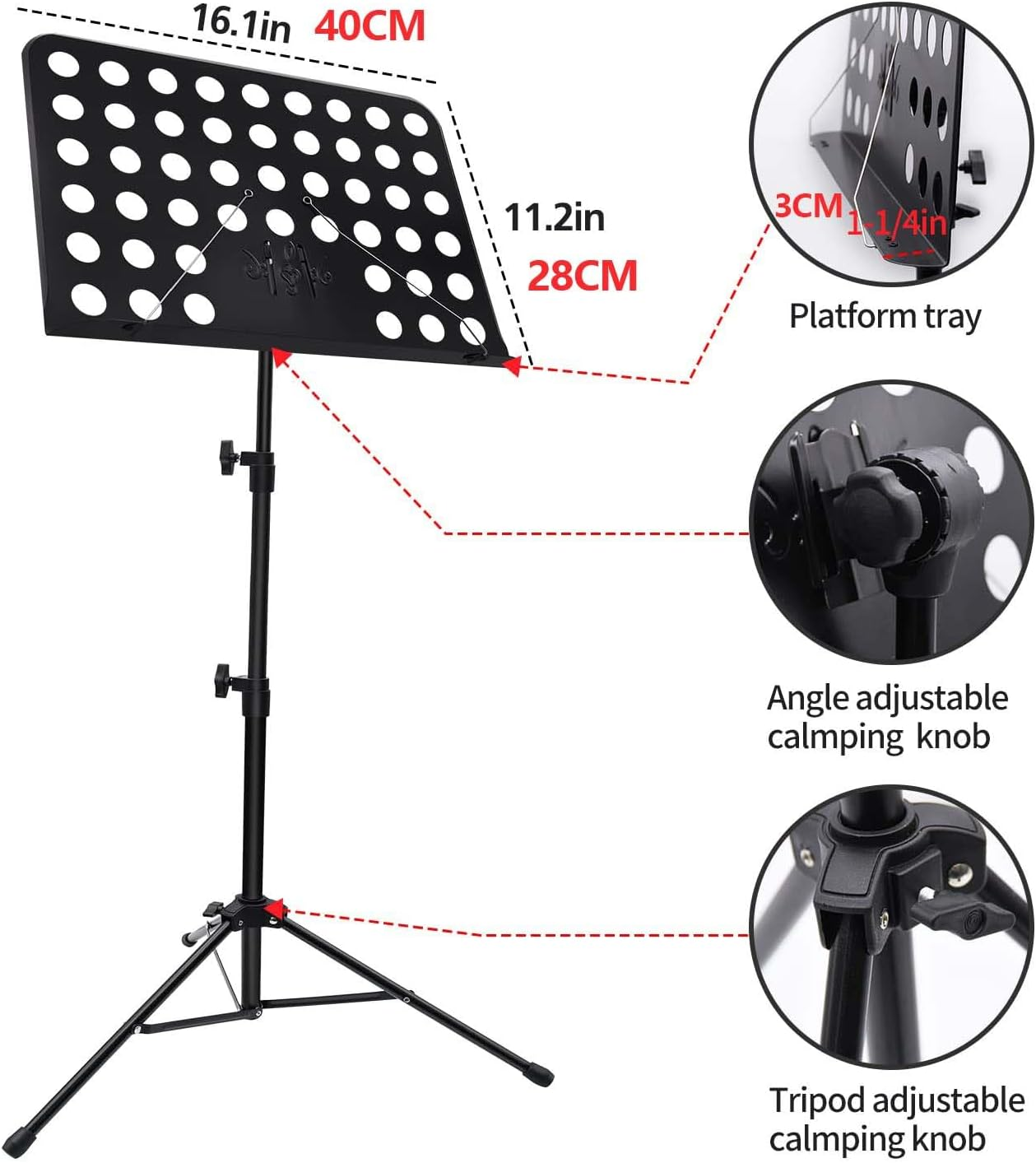 Adjustable Music Stand with Carrying Bag, 70.0-134CM Height Range, Black Metal Construction, Portable Sheet Music Holder image number 6