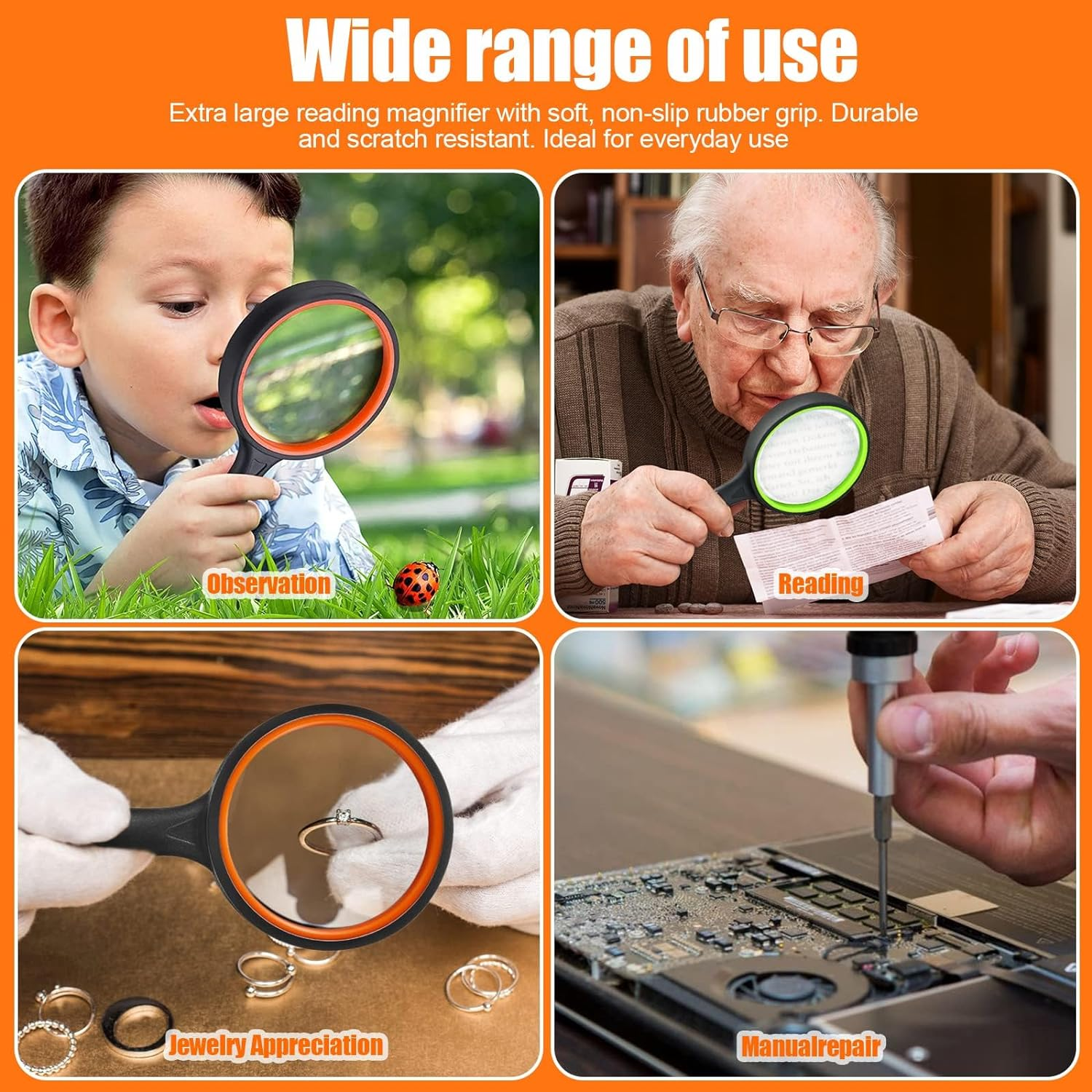 Handheld Magnifying Glass, 2 Pcs Large Reading Magnifier, 10X Non-Slip Handheld Reading Magnifier for Book Newspaper Reading, Classroom Science, Nature Exploration (Orange, Green) image number 3