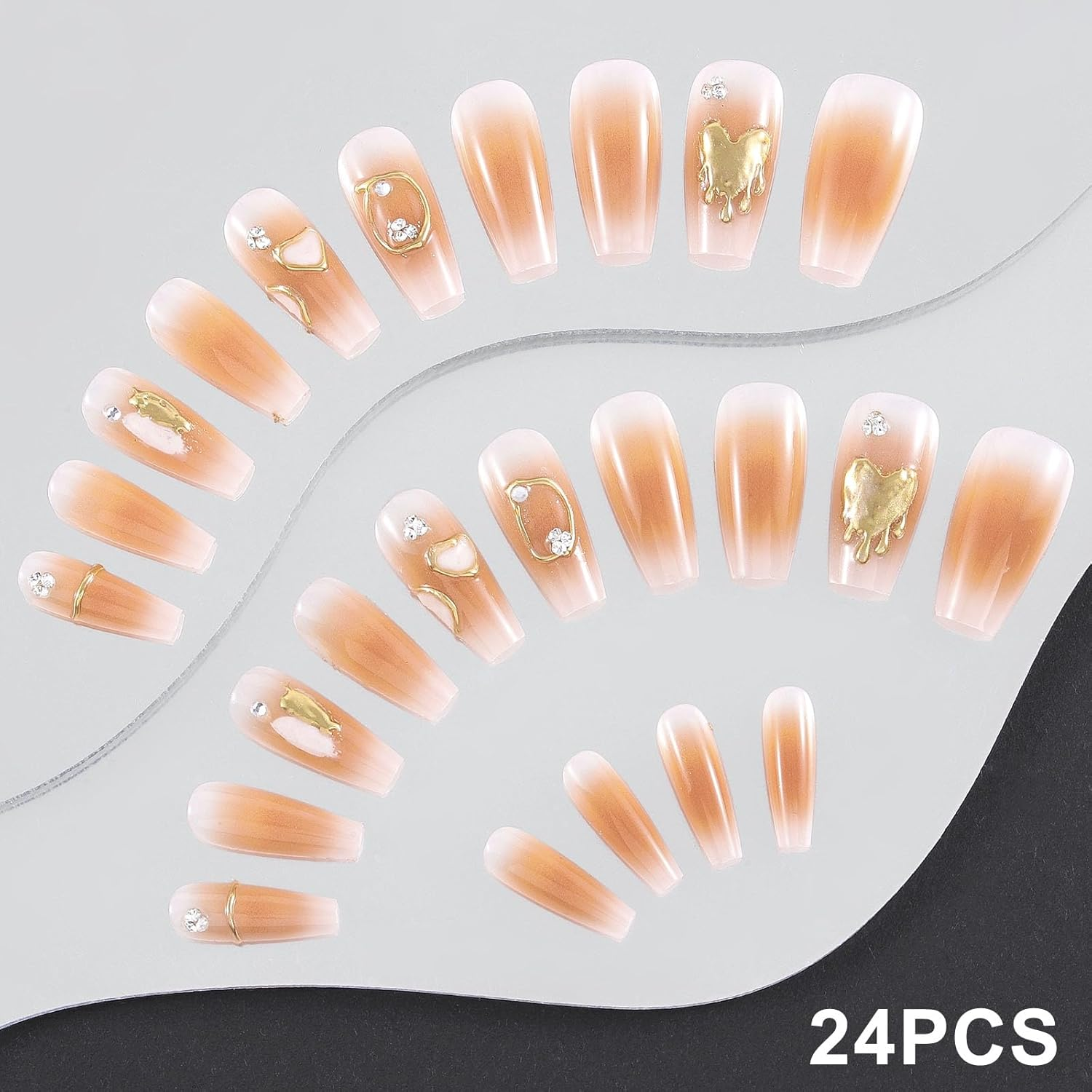 Sethexy Brown Long Coffin Nails Print Colour Gradient Glitter Shiny False Nails with Design 24 Pieces Full Cover Art False Nails for Women and Girls (10) image number 3