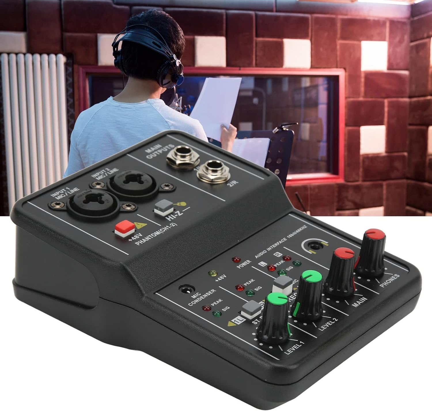 2 Channels Audio Mixer, Sound Card USB 48V Phantom Power Compact Sound Mixing Console, USB Soundcard for PC Recording for Music Recording Home Karaoke Internet Karaoke image number 5