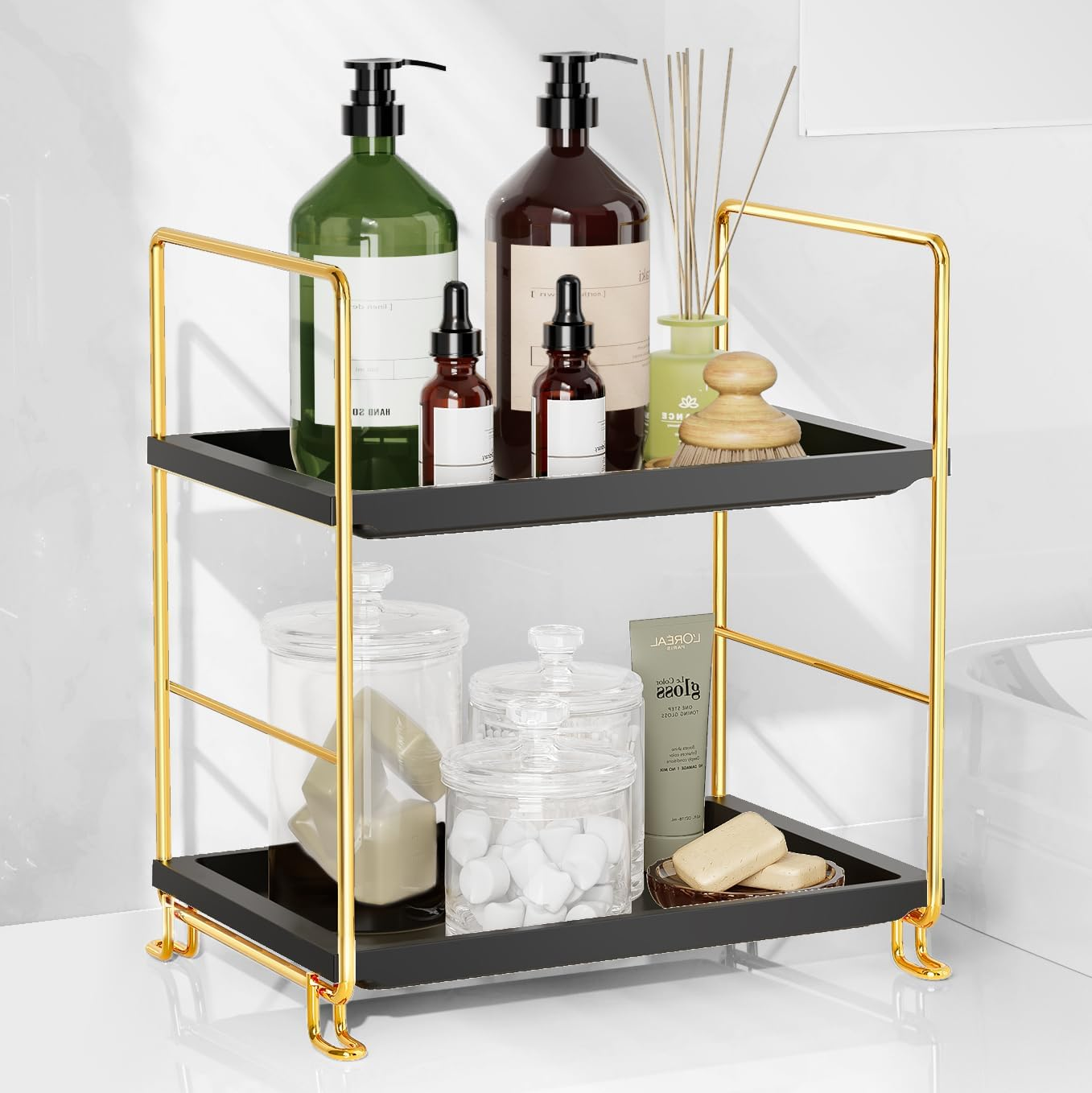 Fsyueyun 2-Tier Makeup Shelf Organizer, Kitchen Spice Rack or Bathroom Countertop Organizer Vanity Bedroom Storage Tray (Gold)