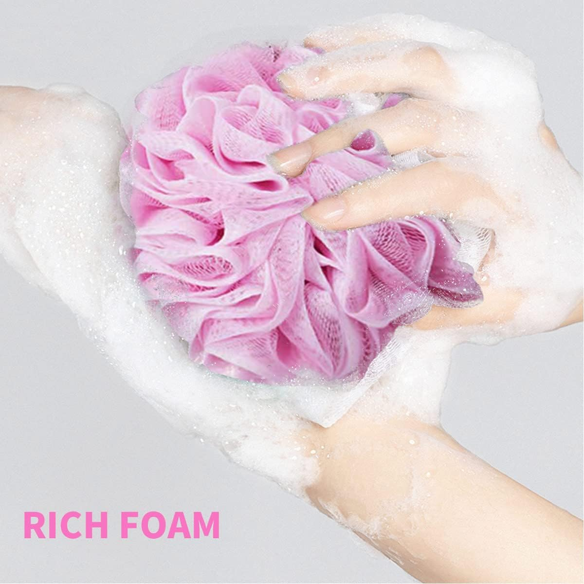 Miss Rui Shower Bath Sponge Shower Pouf Loofahs Balls 60G/Pcs for Body Wash Bathroom Men Women Kids Set of 2 Pink Sponges image number 4