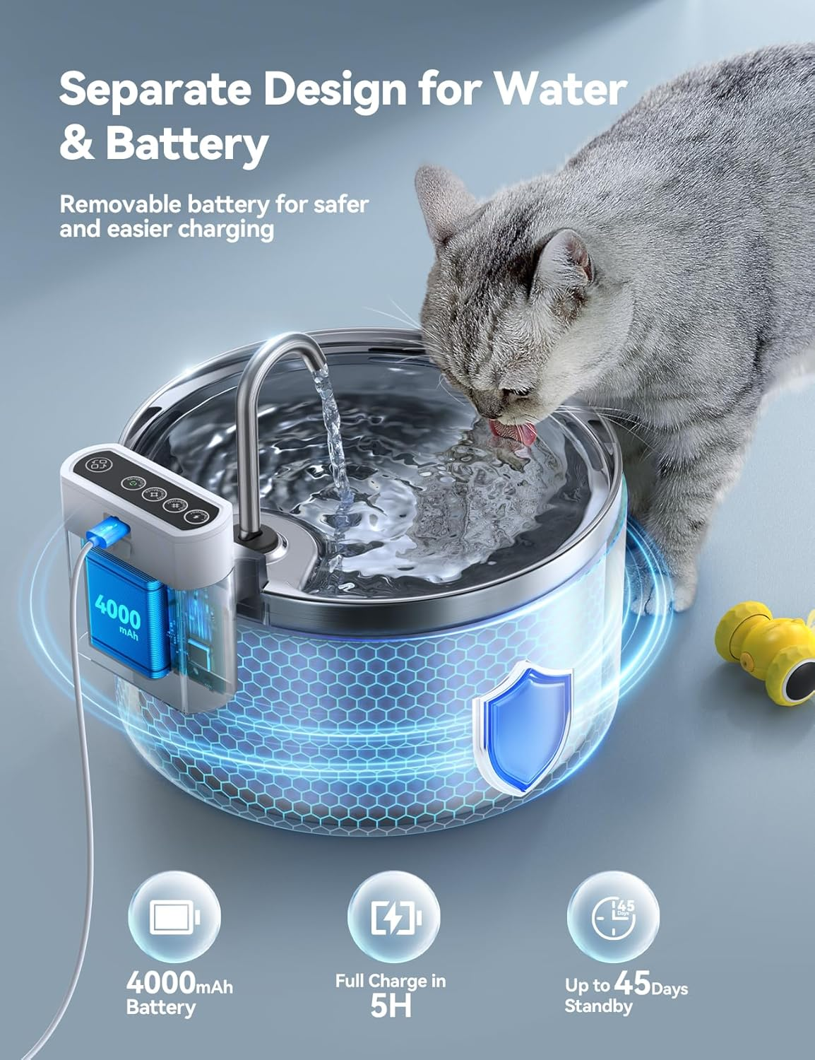 FEELNEEDY Stainless Steel Cat Water Fountain with 6 Filters, 3.5L/118Oz 4000Mah Battery Operated Cat Water Fountain with Motion Sensor, Water & Battery Separation (Fn-W08L-Stainless Steel+6 Filters) image number 1