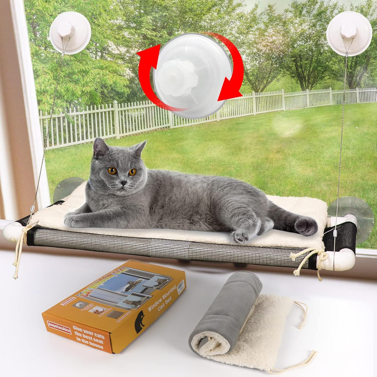 Cat Window Perch Hammock Seat with Free Fleece Blanket - 2023 Latest Screw Suction Cups, Extra Large Sturdy Bed, Resting Seat for Two Large Cats, White, Indoors (One Extra Suction Cup)